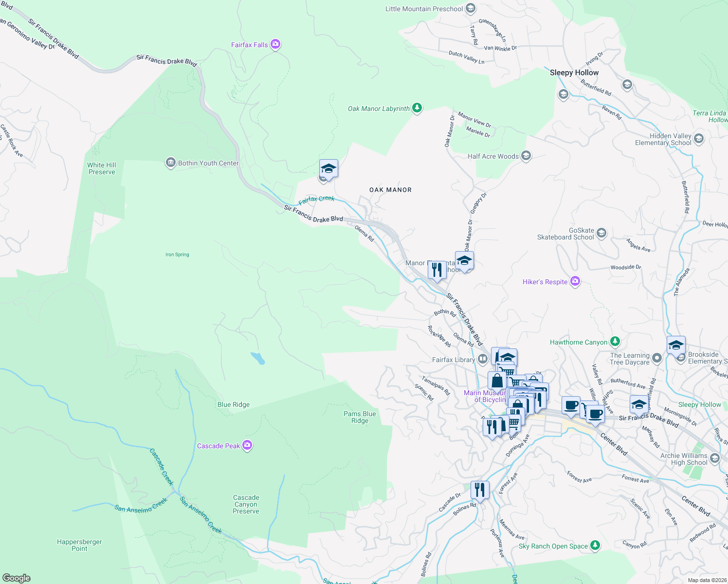 map of restaurants, bars, coffee shops, grocery stores, and more near 500 Iron Springs Road in Fairfax