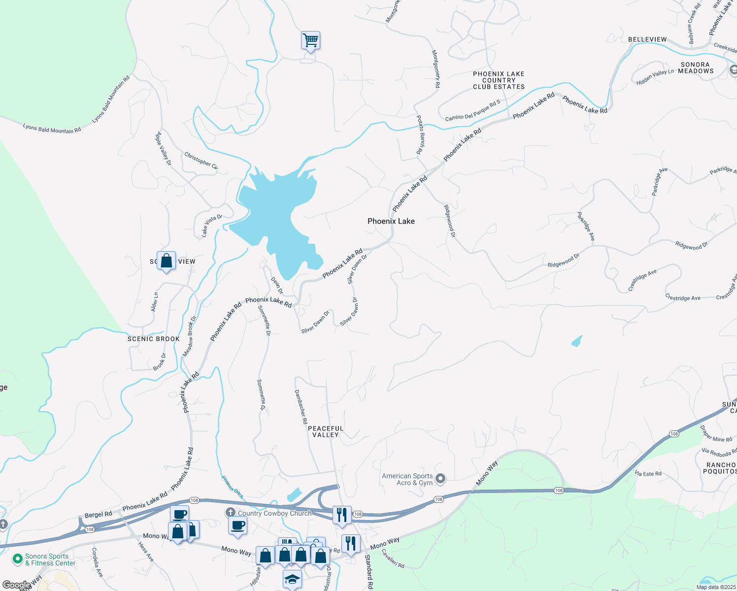 map of restaurants, bars, coffee shops, grocery stores, and more near 20557 Silver Dawn Drive in Sonora