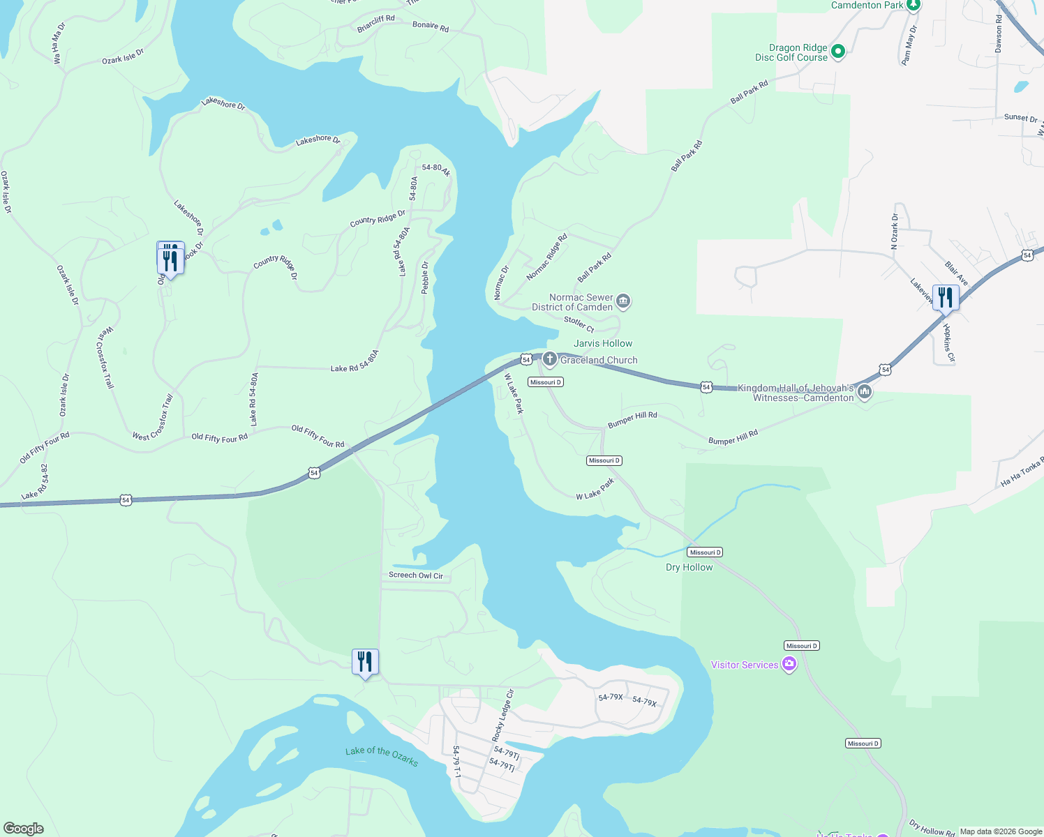 map of restaurants, bars, coffee shops, grocery stores, and more near 1 Cedar Green Lane in Camdenton