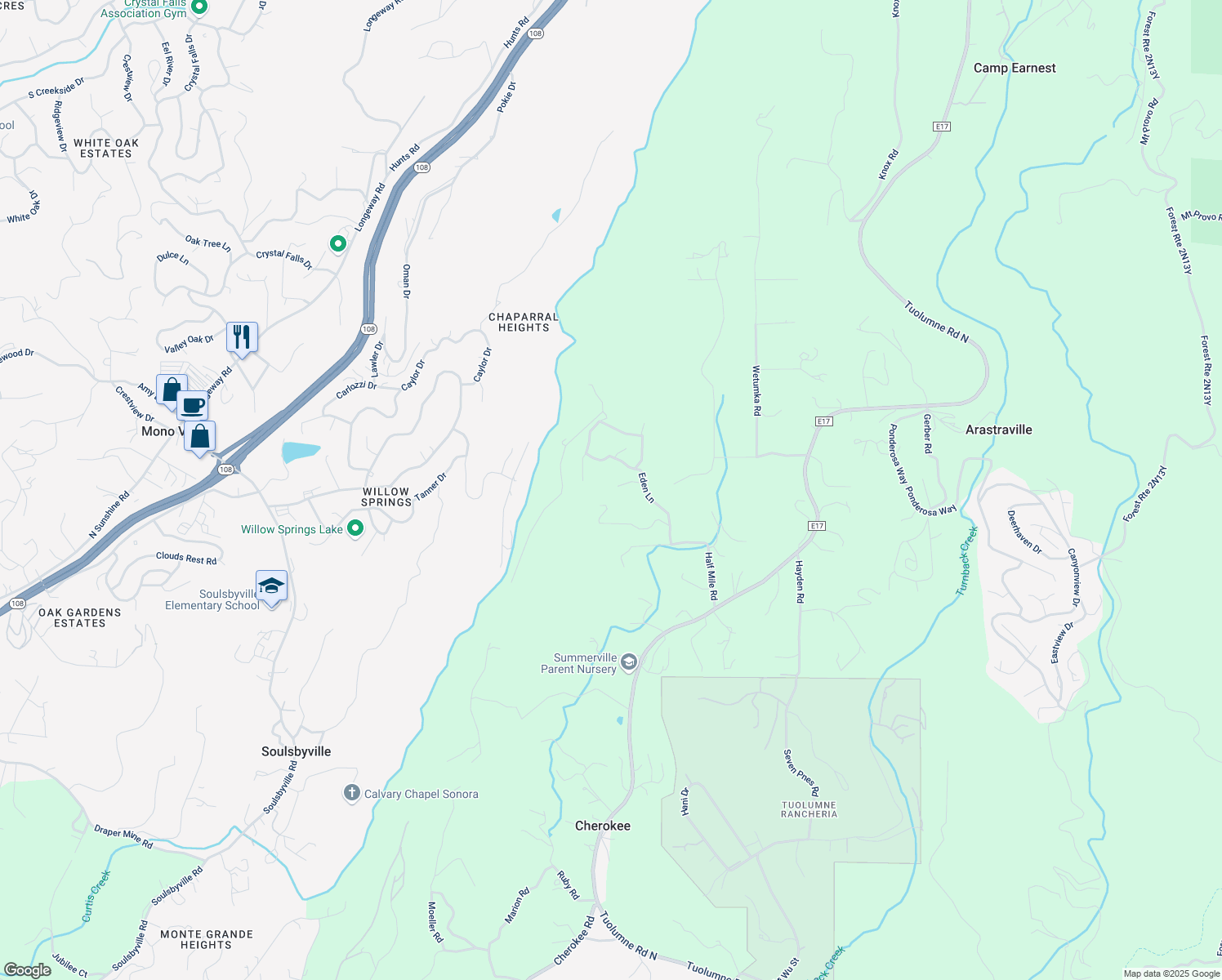 map of restaurants, bars, coffee shops, grocery stores, and more near 20690 Eden Lane in Tuolumne