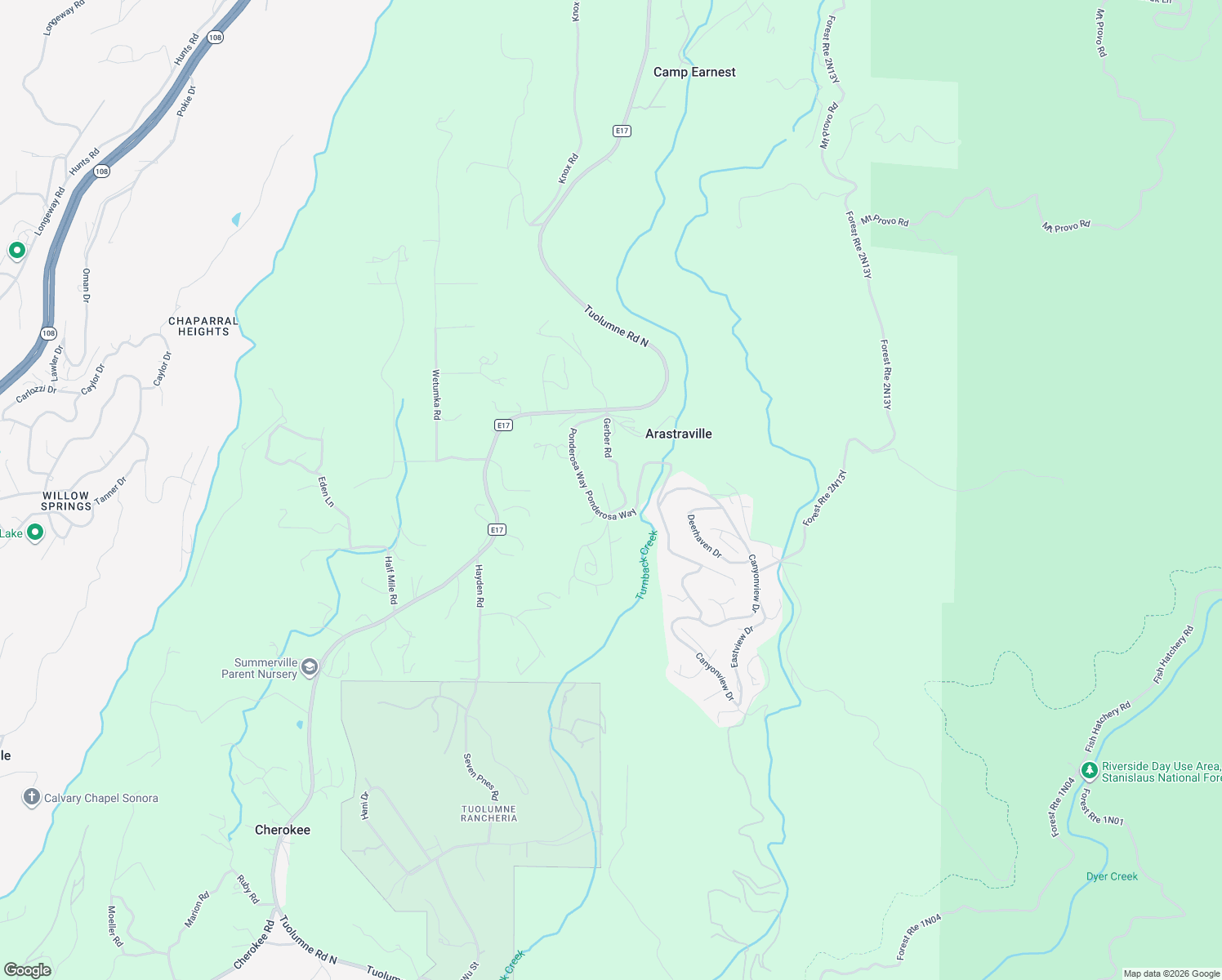 map of restaurants, bars, coffee shops, grocery stores, and more near 20703 Ponderosa Way in Tuolumne