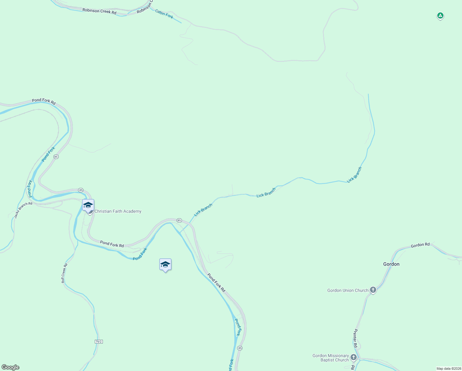 map of restaurants, bars, coffee shops, grocery stores, and more near 1085 Lick Creek Branch Road in Van