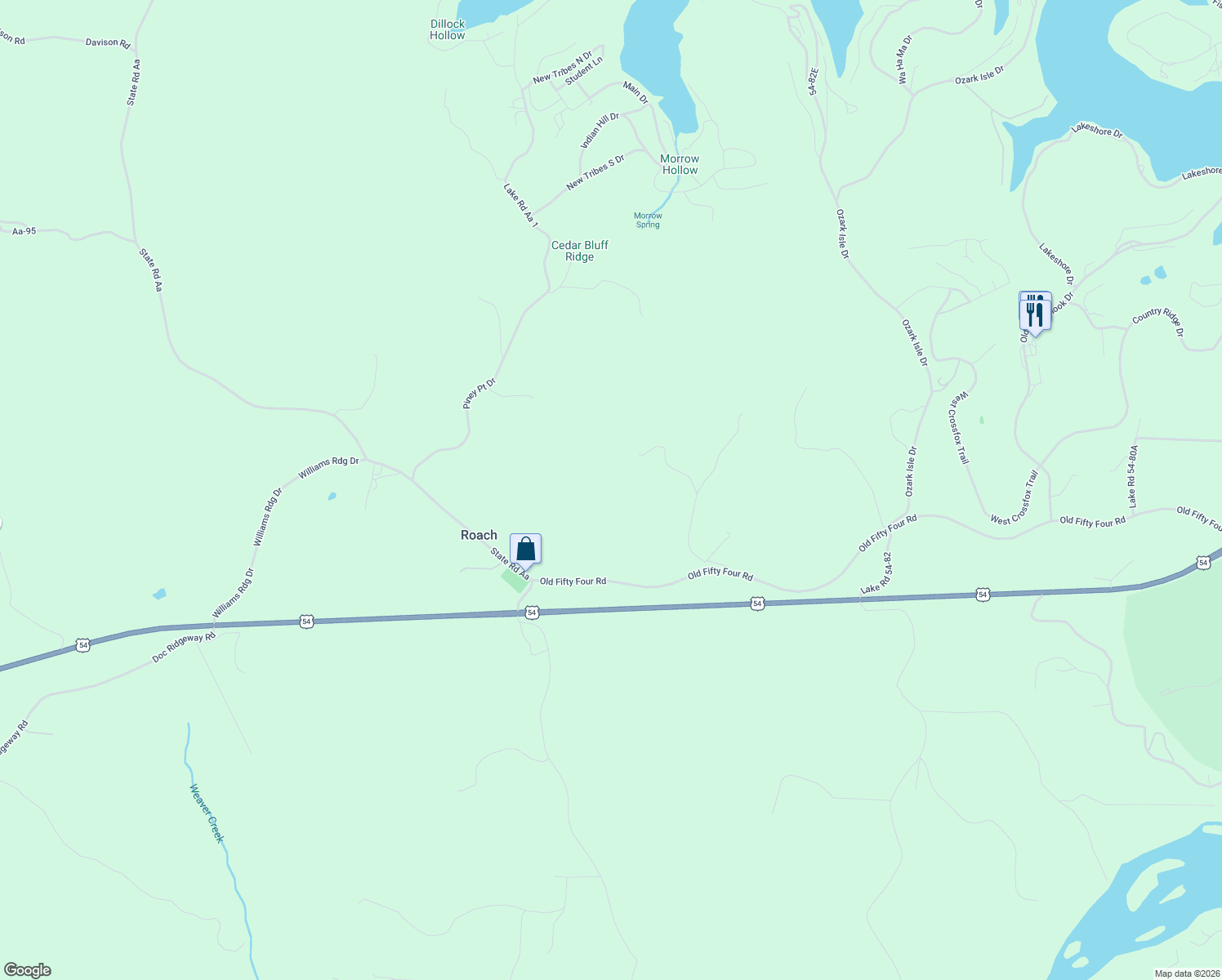 map of restaurants, bars, coffee shops, grocery stores, and more near Old Fifty Four Road in Roach