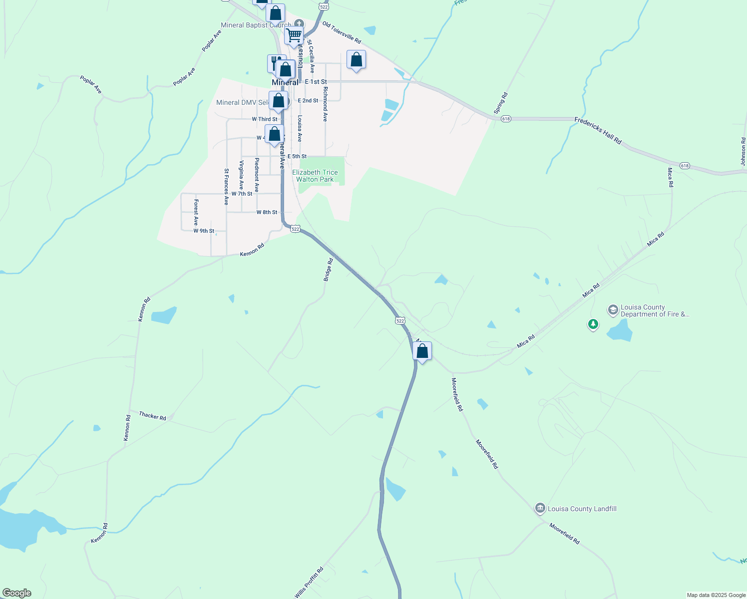 map of restaurants, bars, coffee shops, grocery stores, and more near 2617 Pendleton Road in Mineral