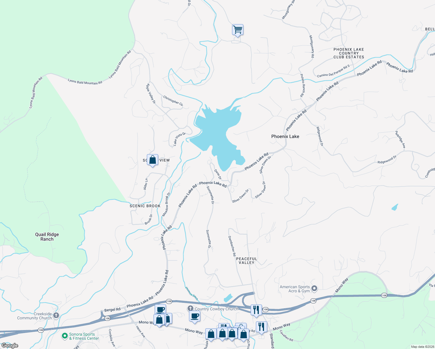 map of restaurants, bars, coffee shops, grocery stores, and more near 14648 Deon Drive in Sonora