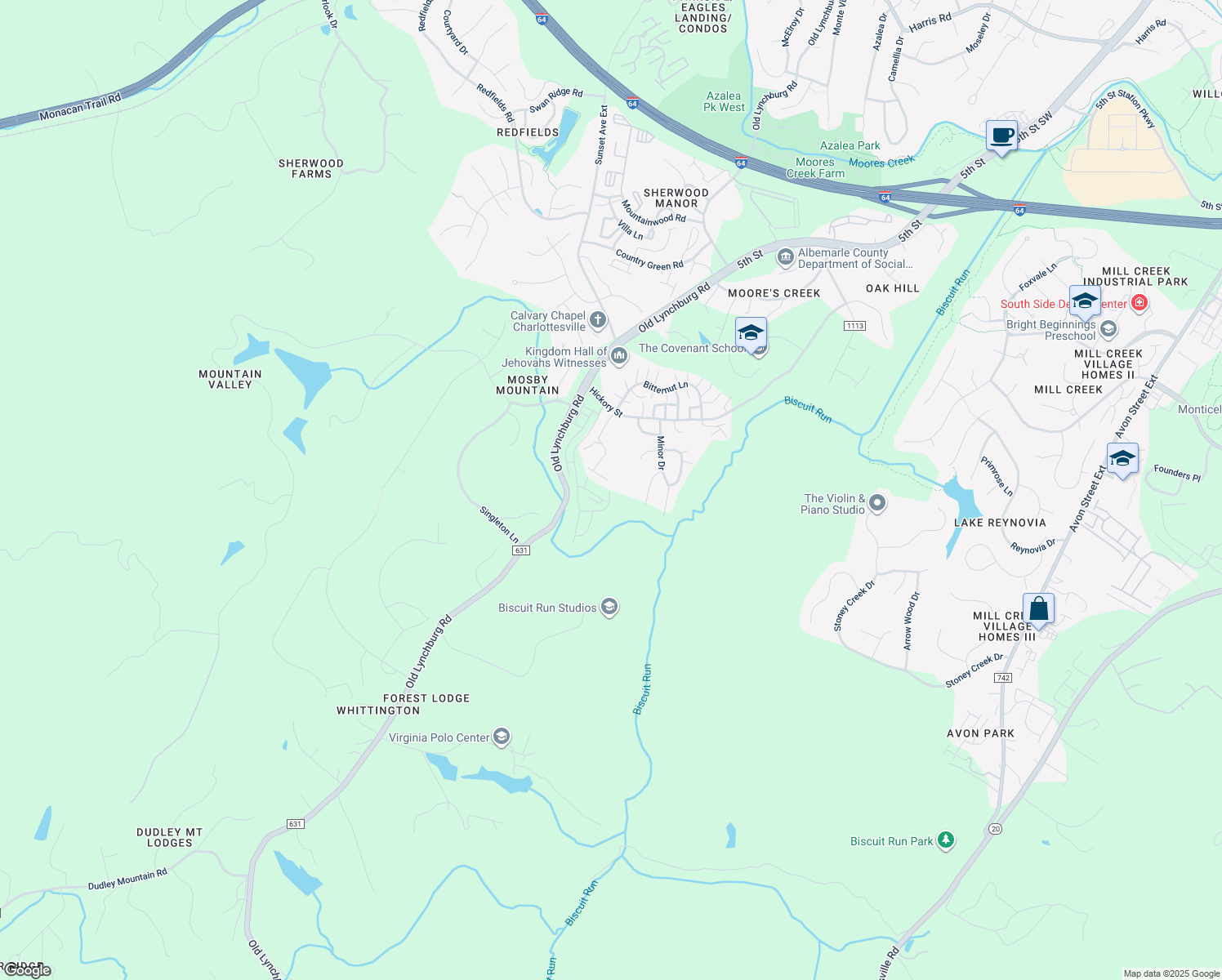 map of restaurants, bars, coffee shops, grocery stores, and more near Wardell Crest in Albemarle County