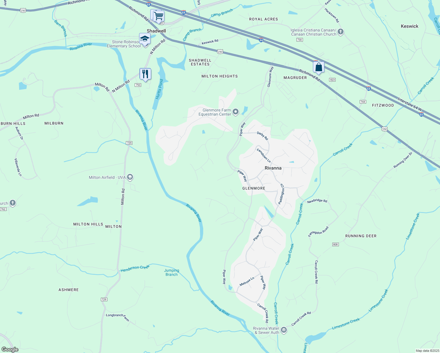 map of restaurants, bars, coffee shops, grocery stores, and more near 3198 Wallingford Lane in Keswick
