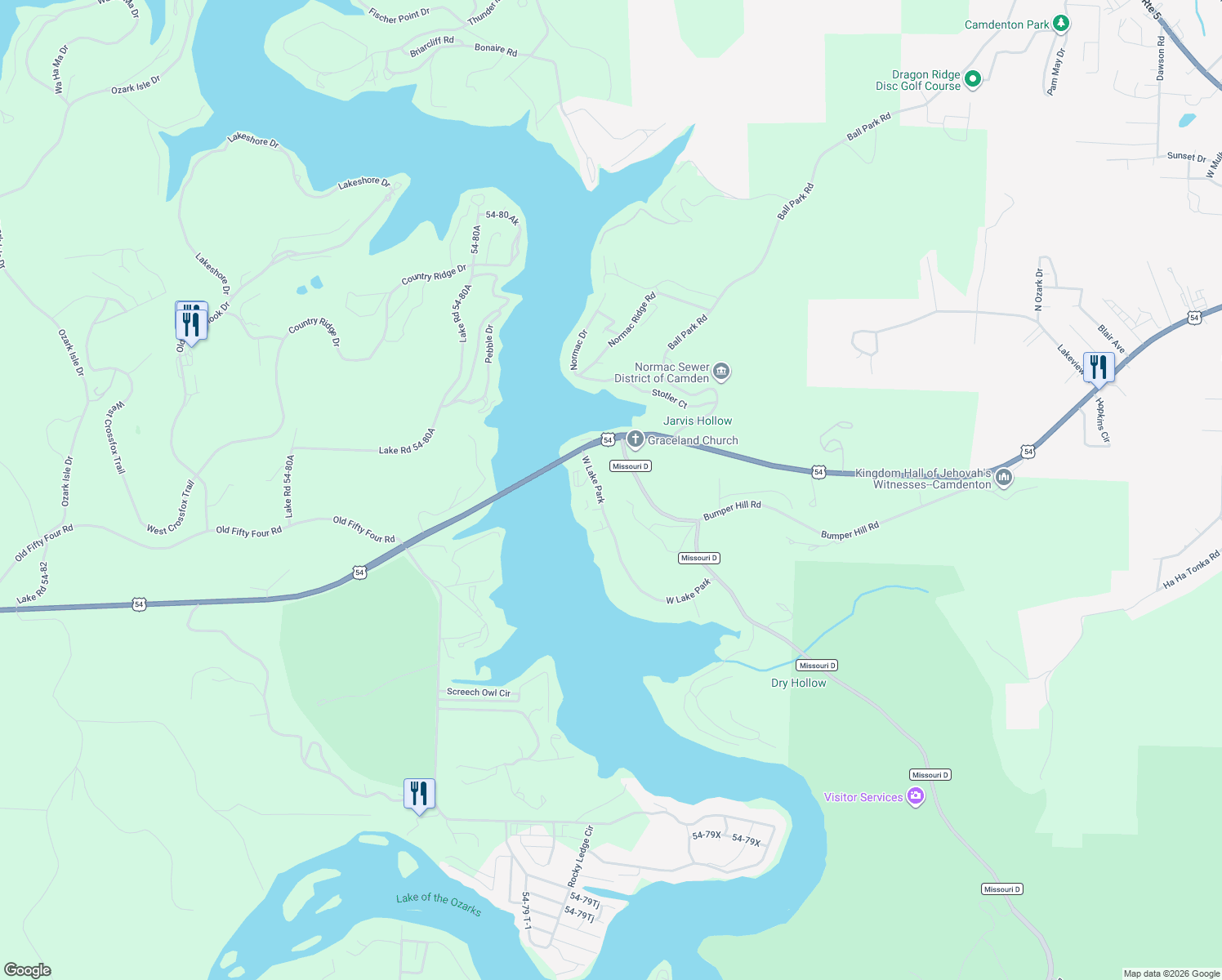 map of restaurants, bars, coffee shops, grocery stores, and more near 1-99 Cedar Green Lane in Camdenton