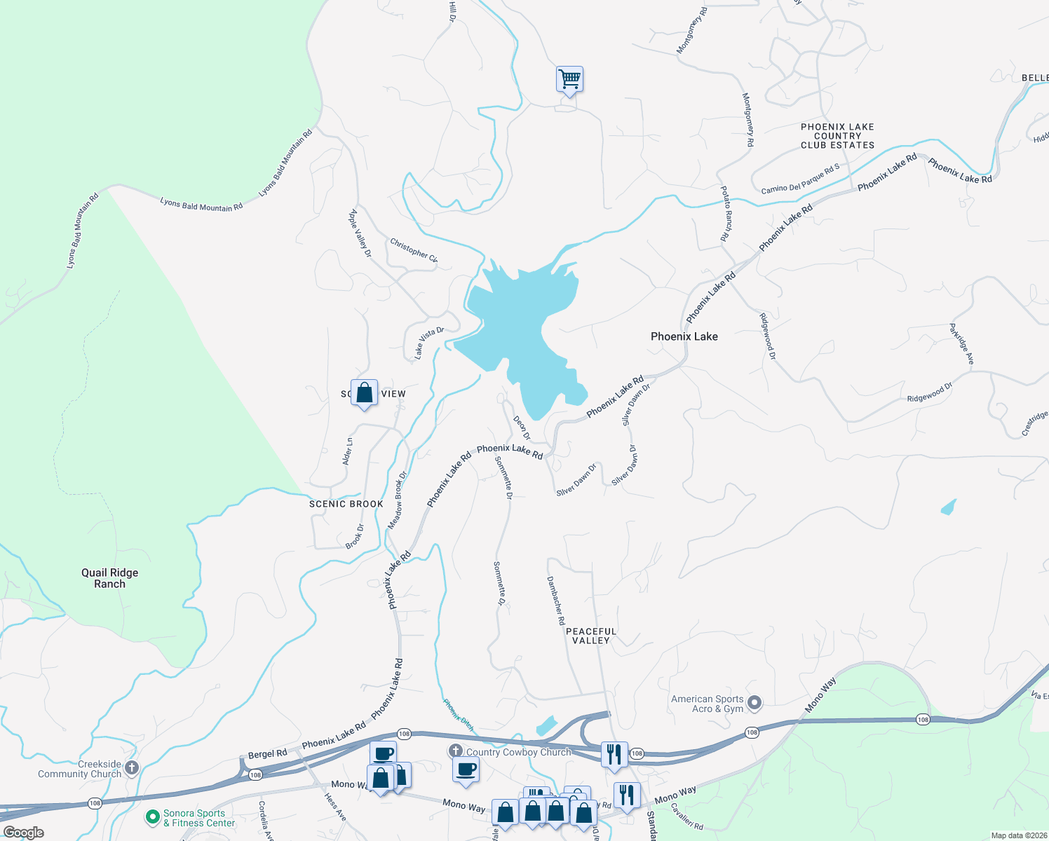map of restaurants, bars, coffee shops, grocery stores, and more near 14648 Deon Drive in Sonora