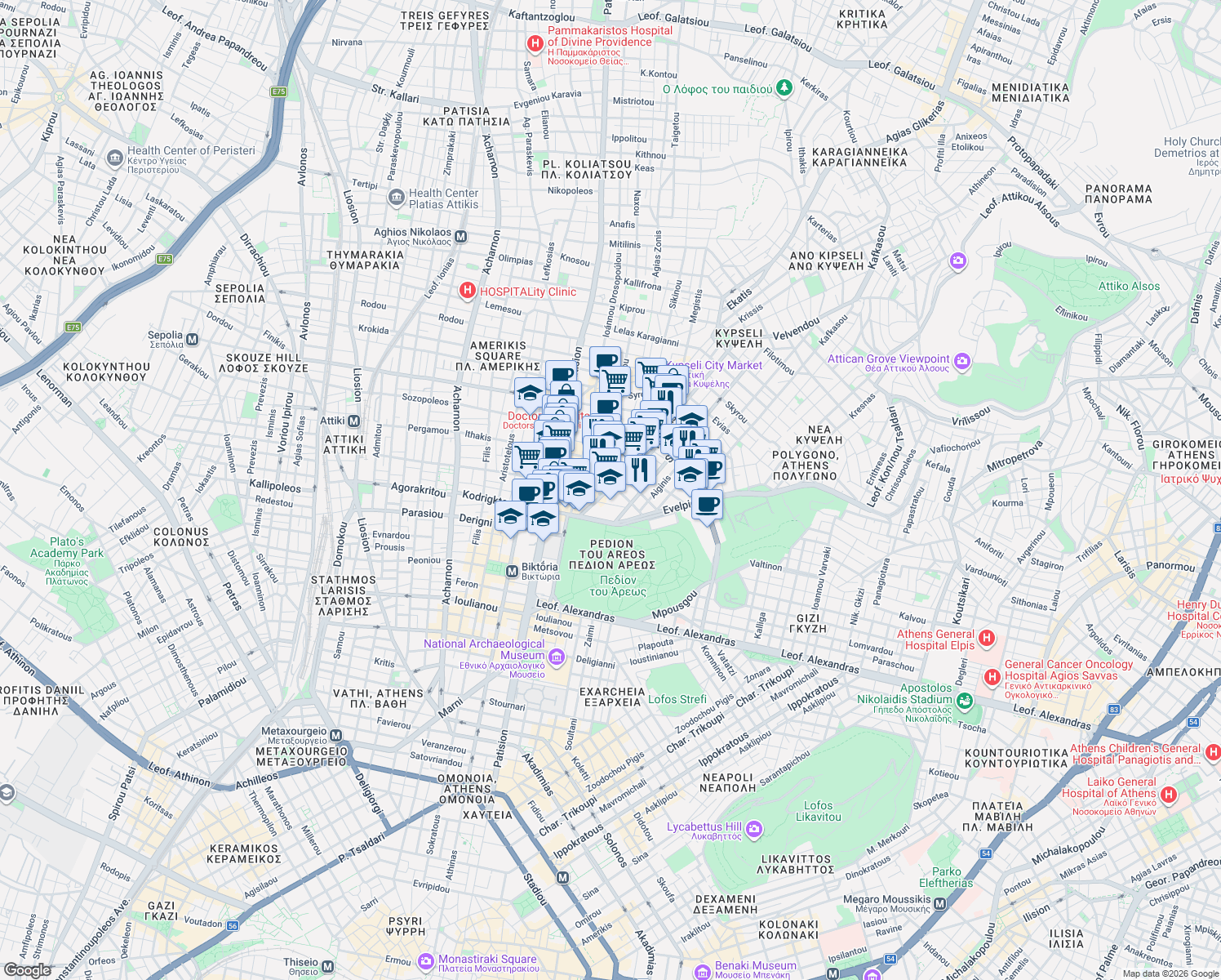 map of restaurants, bars, coffee shops, grocery stores, and more near in Athina