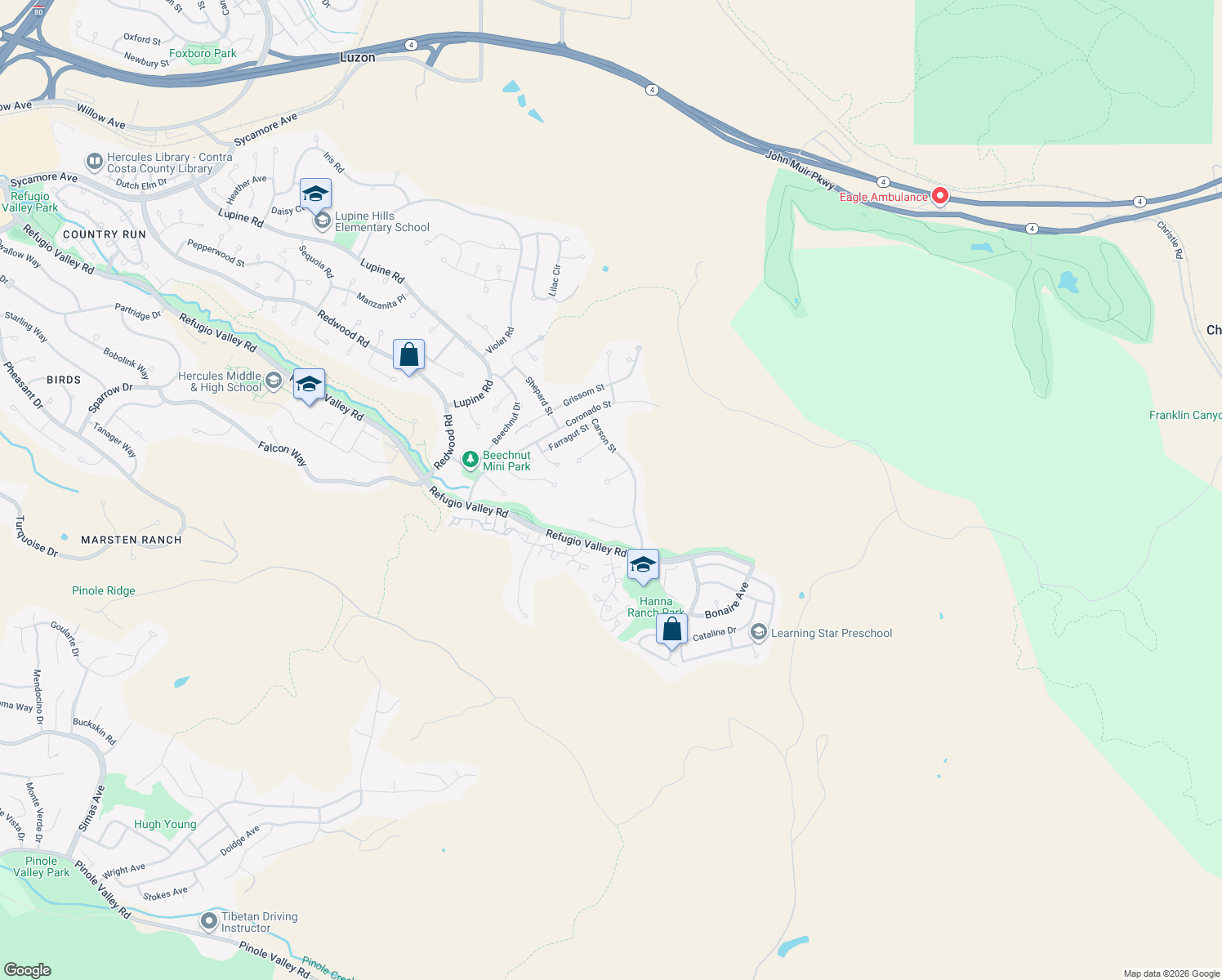 map of restaurants, bars, coffee shops, grocery stores, and more near 133 Stanley Court in Hercules