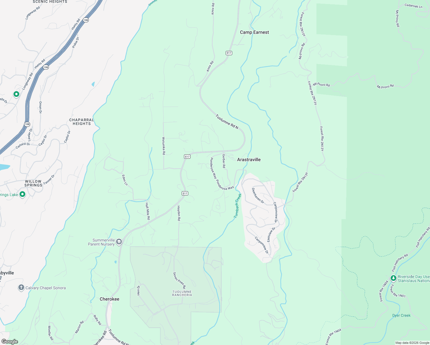 map of restaurants, bars, coffee shops, grocery stores, and more near 20726 Ponderosa Way in Tuolumne