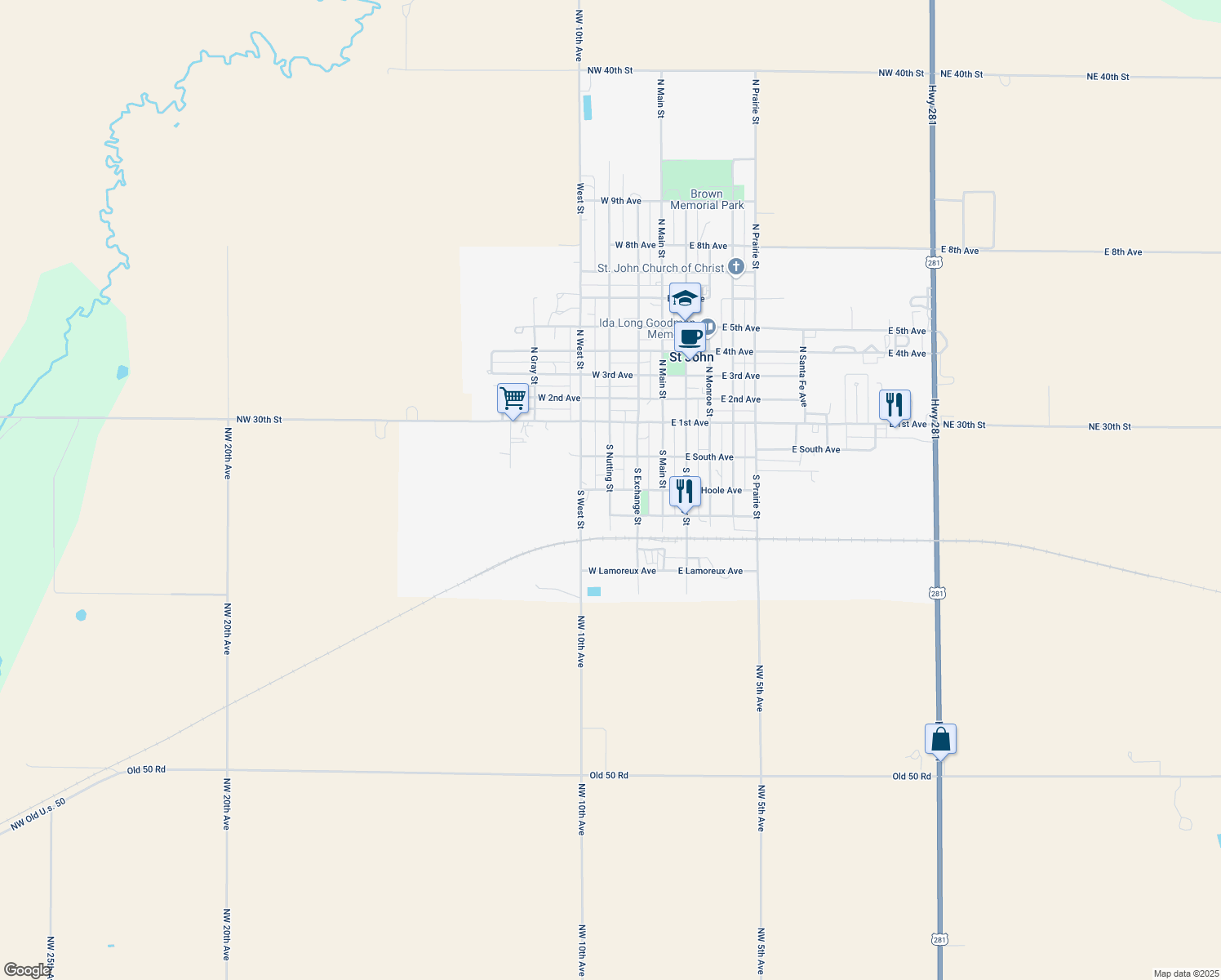 map of restaurants, bars, coffee shops, grocery stores, and more near 298 S Nutting St in St John