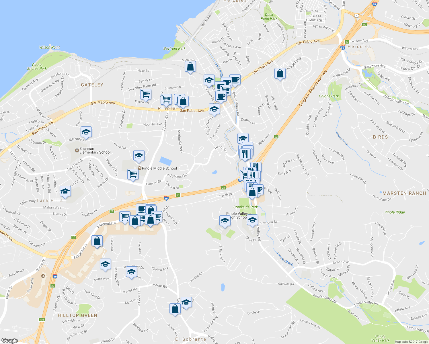 map of restaurants, bars, coffee shops, grocery stores, and more near 1407 Montecito Lane in Pinole