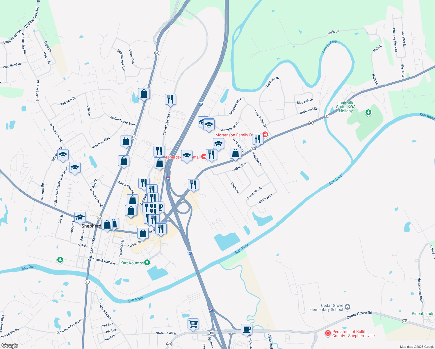 map of restaurants, bars, coffee shops, grocery stores, and more near 388 Jackie Way in Shepherdsville