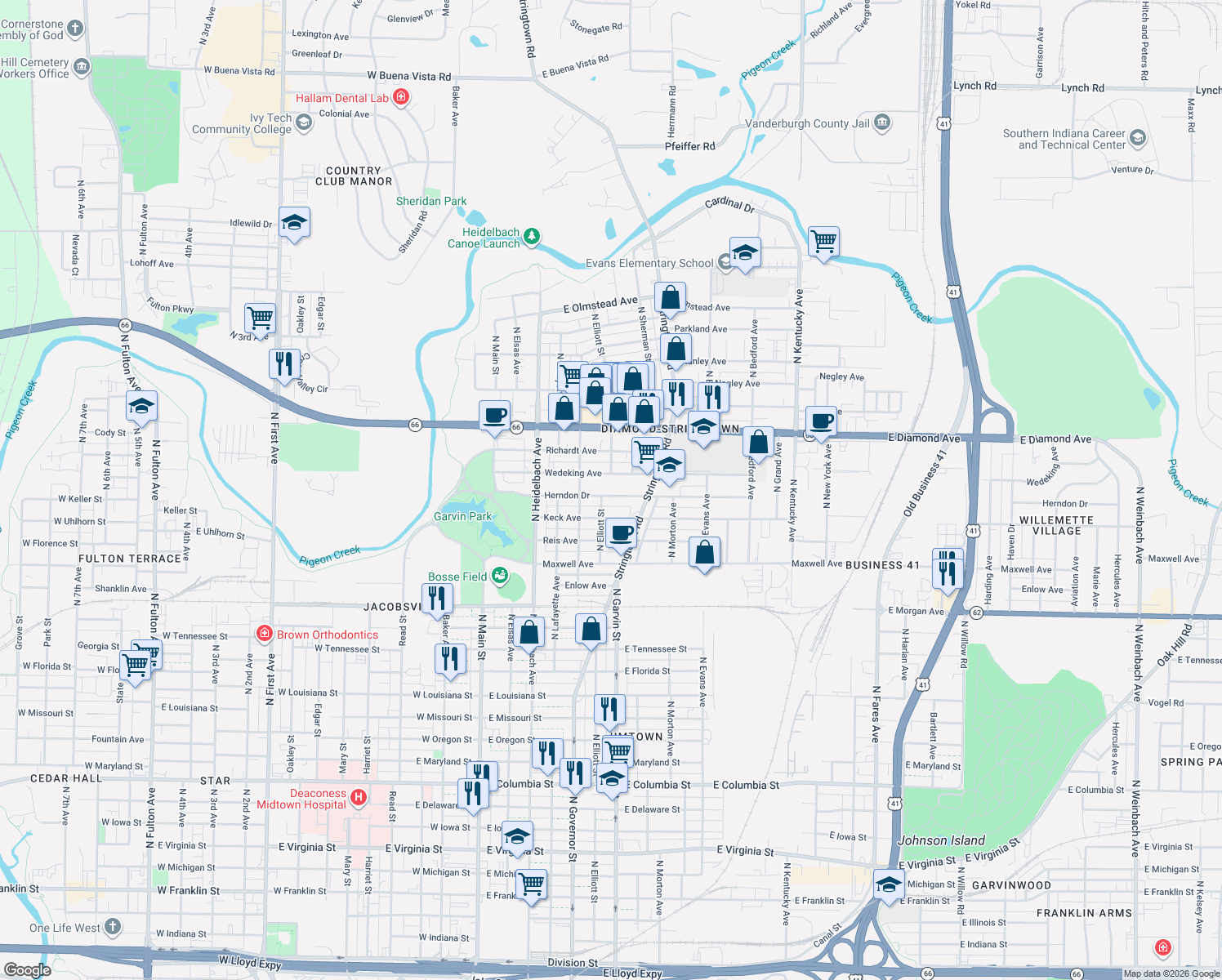 map of restaurants, bars, coffee shops, grocery stores, and more near 504 Herndon Drive in Evansville