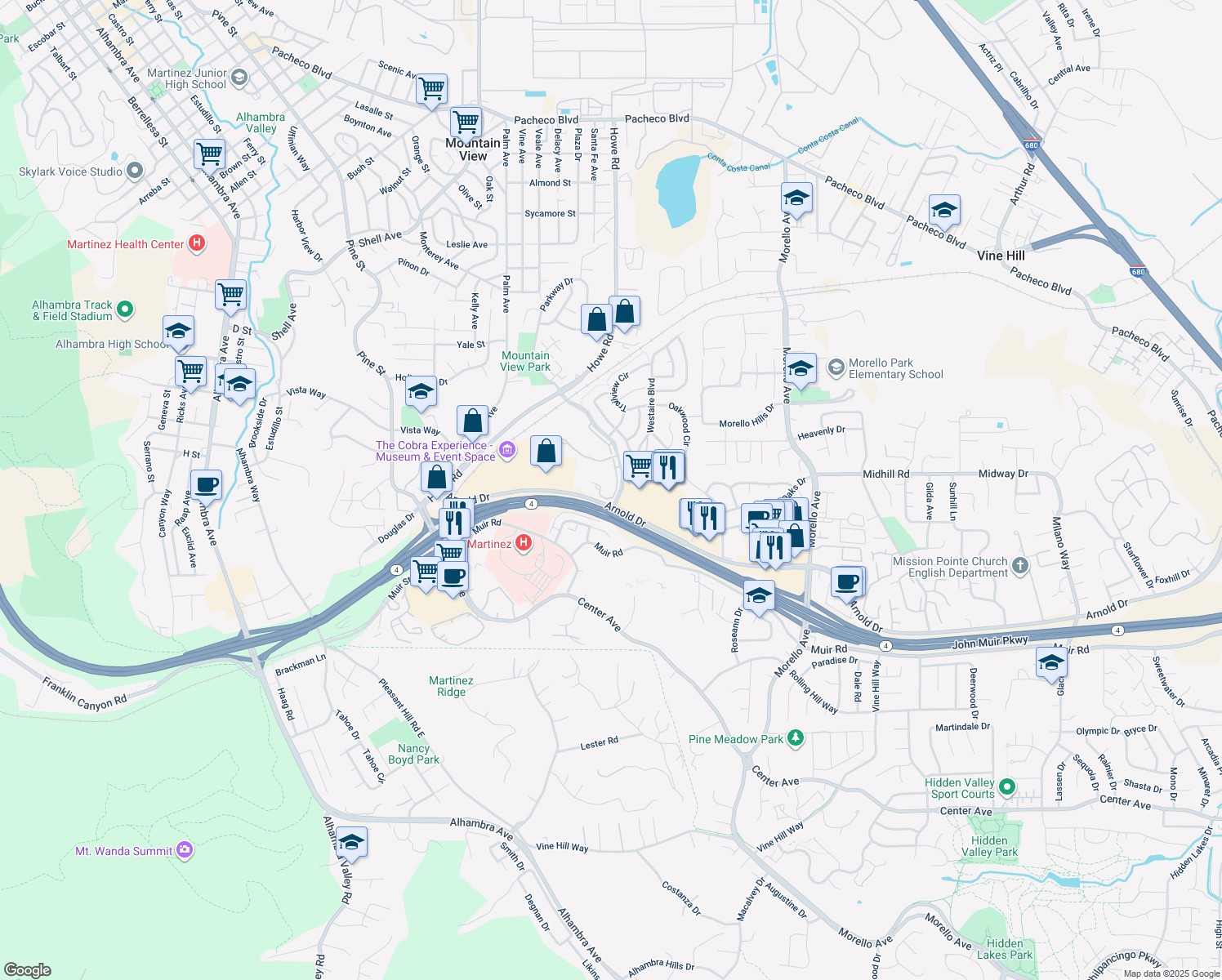 map of restaurants, bars, coffee shops, grocery stores, and more near 398 Mill Road in Martinez