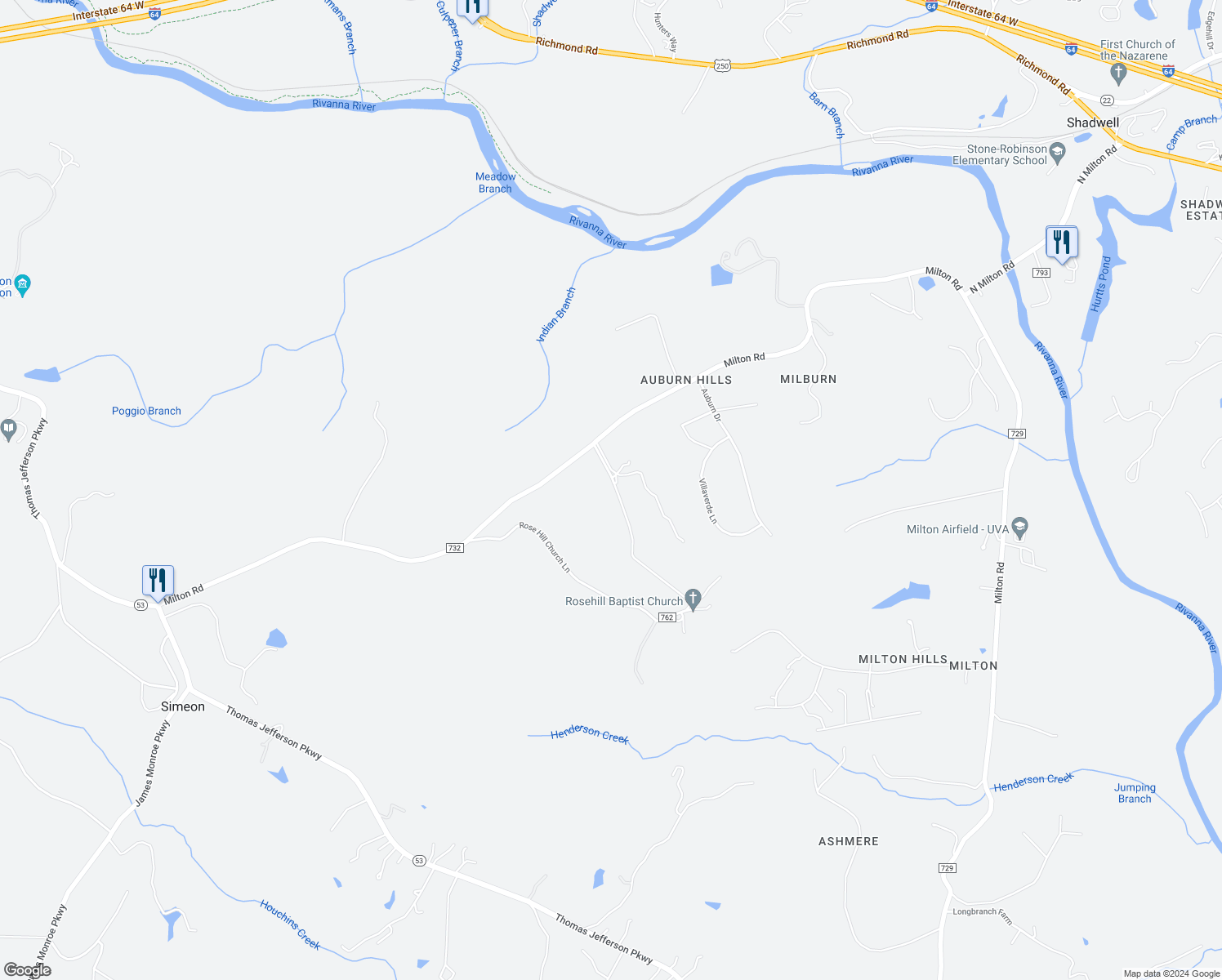 map of restaurants, bars, coffee shops, grocery stores, and more near 1495 Milton Road in Charlottesville