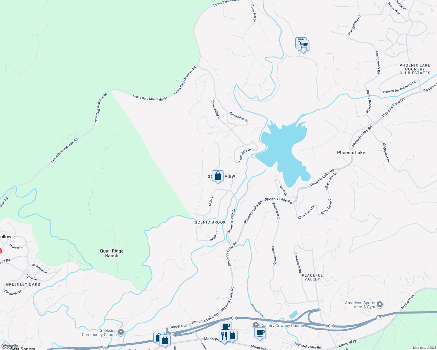 map of restaurants, bars, coffee shops, grocery stores, and more near 20677 Lower Hillview Drive in Sonora