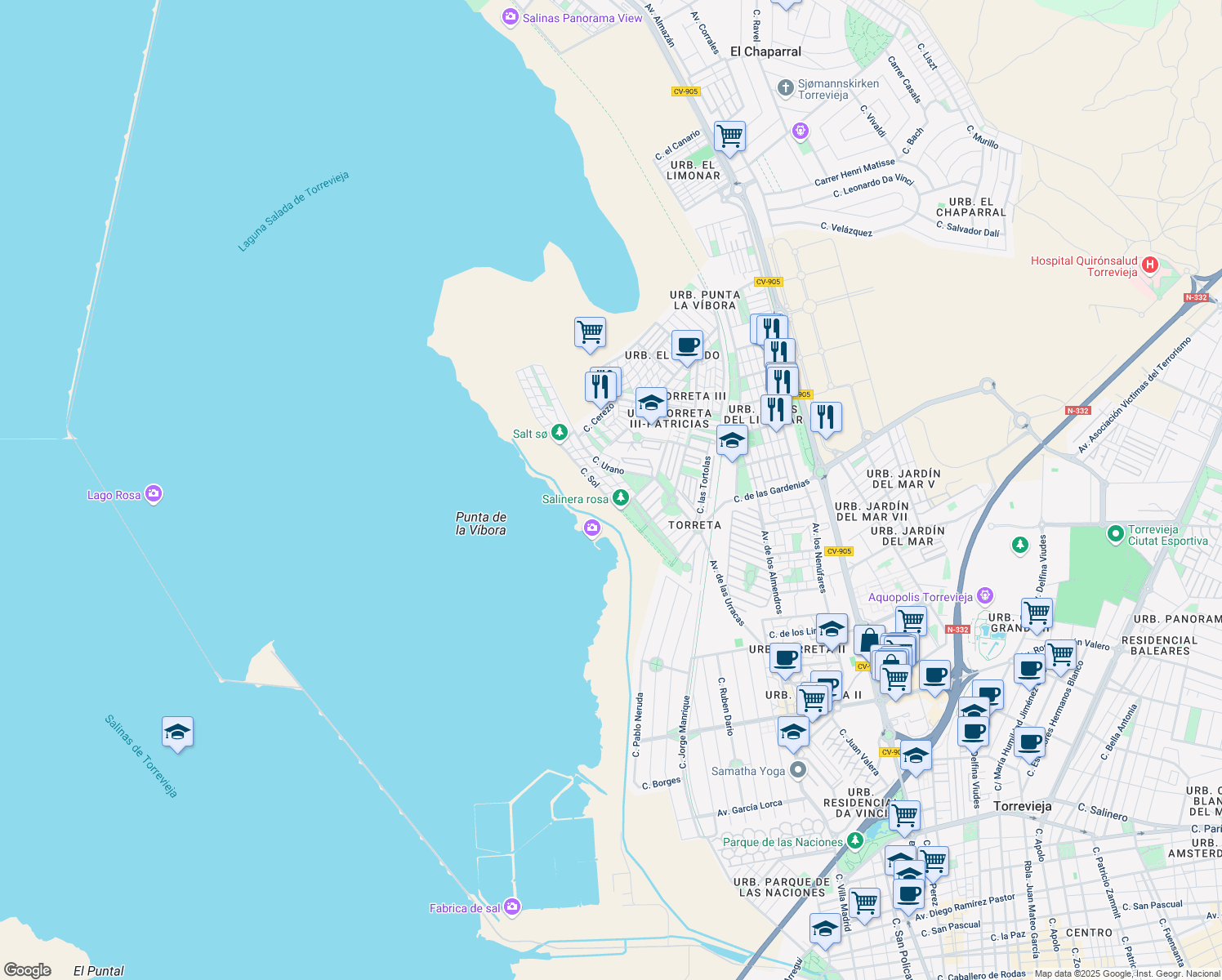 map of restaurants, bars, coffee shops, grocery stores, and more near 91 Calle Saeta in Torrevieja