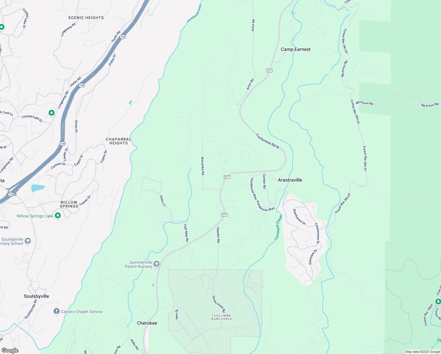 map of restaurants, bars, coffee shops, grocery stores, and more near 20710 Tuolumne Road North in Tuolumne