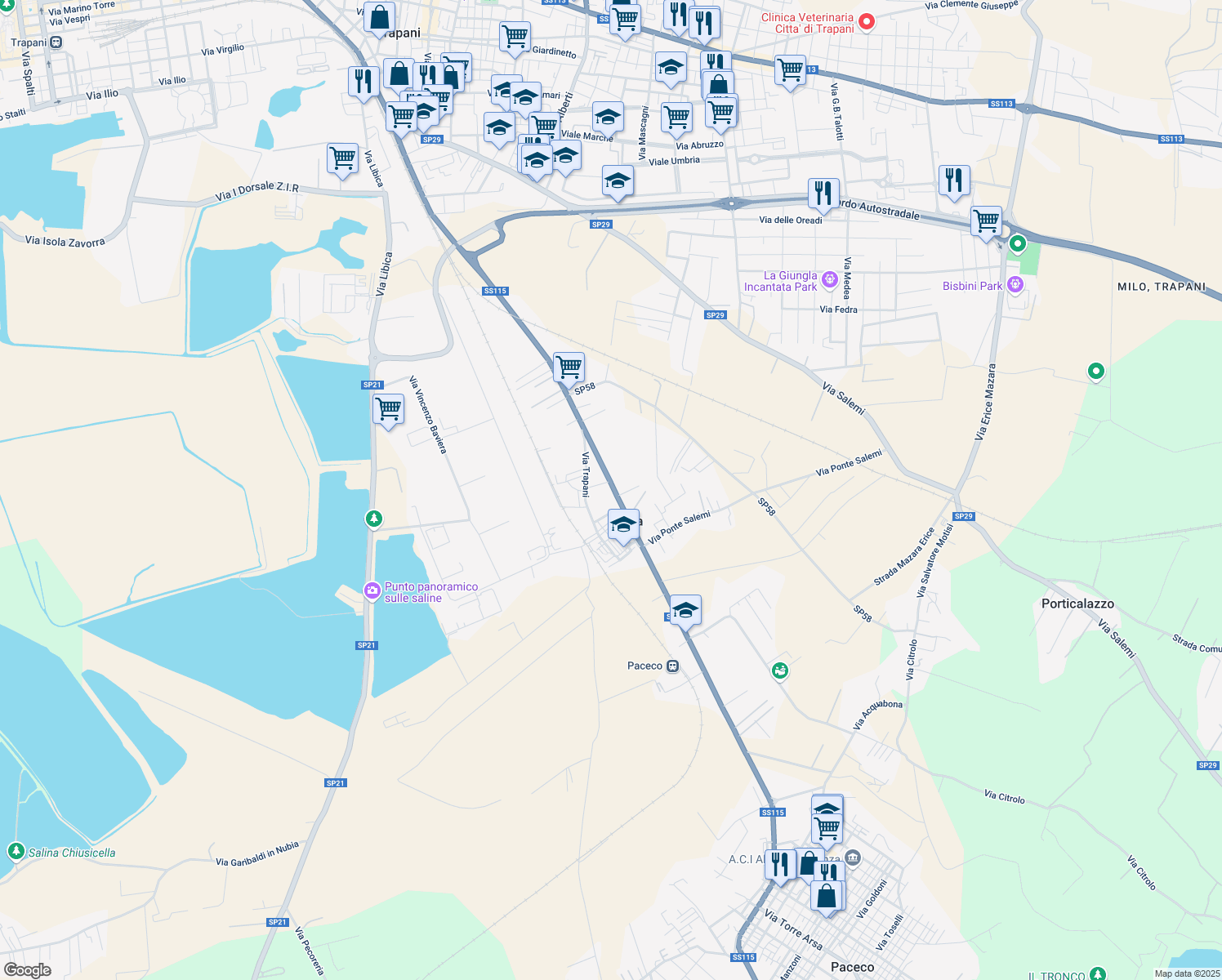 map of restaurants, bars, coffee shops, grocery stores, and more near 473 SS115 in Trapani