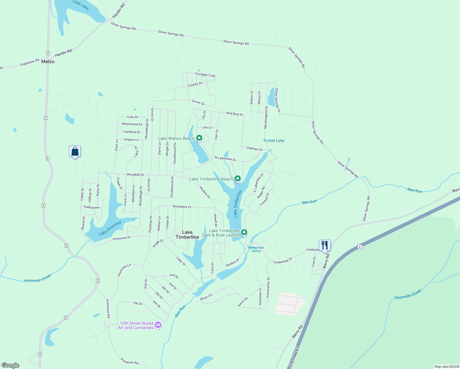 map of restaurants, bars, coffee shops, grocery stores, and more near 9656 Scenic View Circle in Bonne Terre