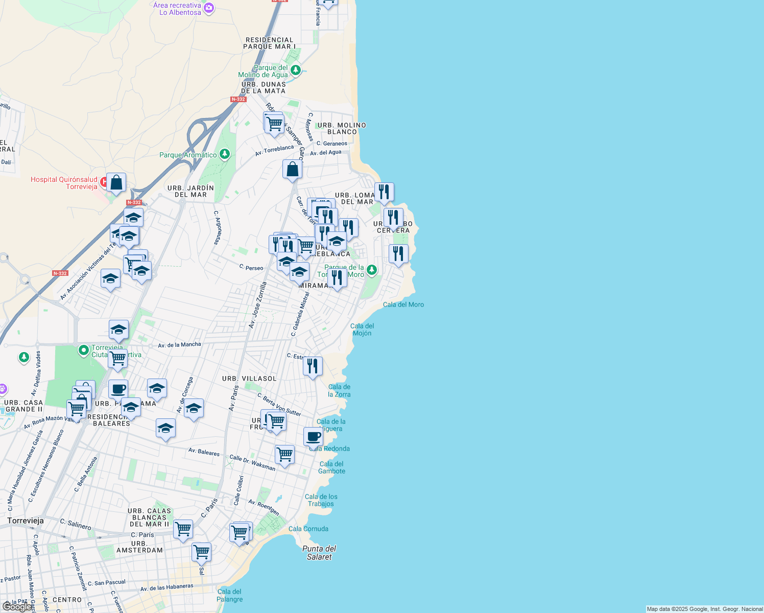 map of restaurants, bars, coffee shops, grocery stores, and more near Av de los Españoles in Torrevieja