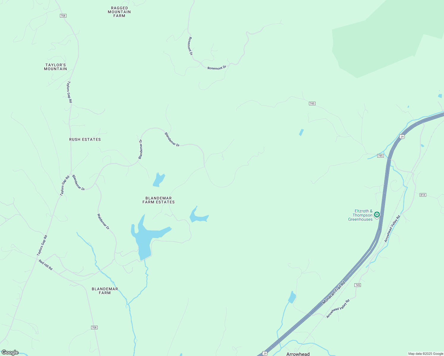 map of restaurants, bars, coffee shops, grocery stores, and more near 3065 Blandemar Drive in Charlottesville