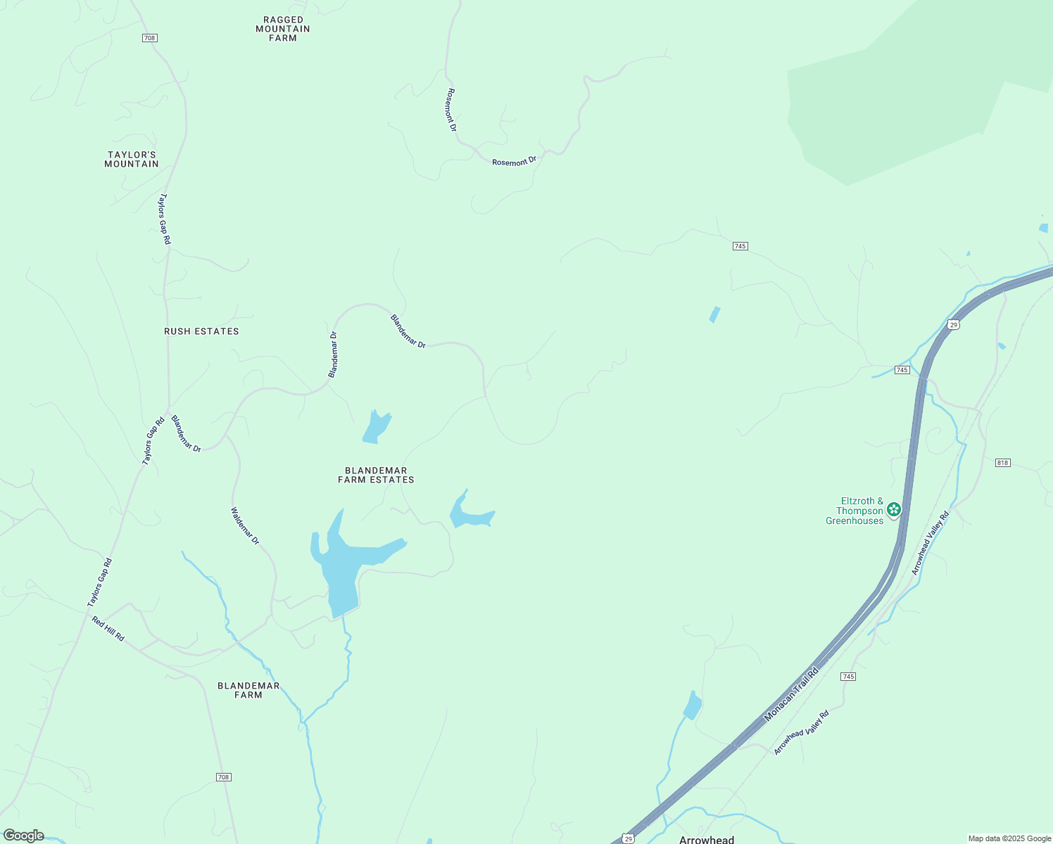 map of restaurants, bars, coffee shops, grocery stores, and more near 3065 Blandemar Drive in Charlottesville