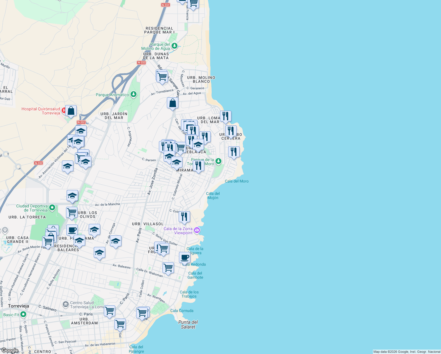 map of restaurants, bars, coffee shops, grocery stores, and more near 1 Calle Extremadura in Torrevieja
