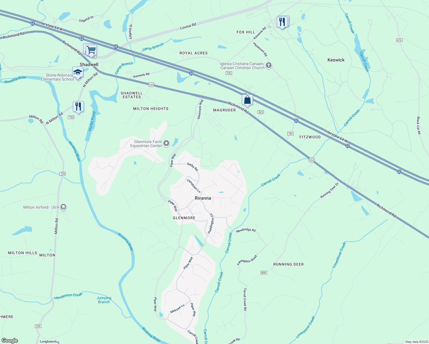 map of restaurants, bars, coffee shops, grocery stores, and more near 2397 Pendower Lane in Keswick