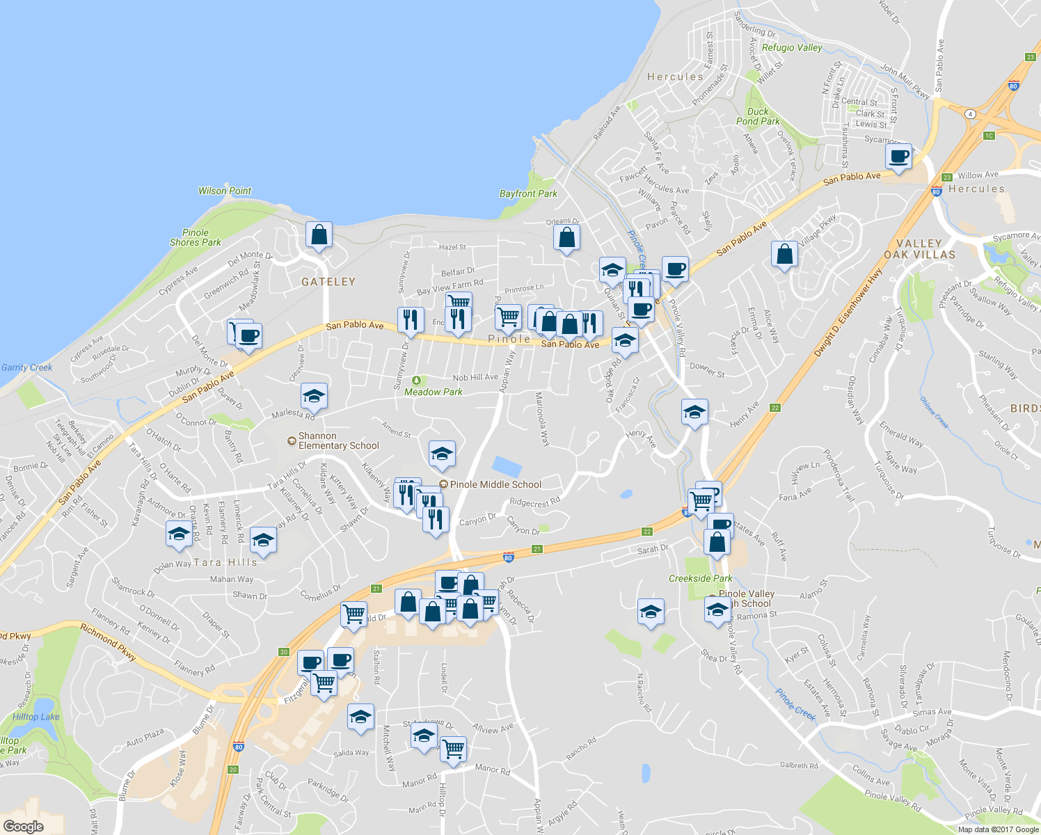 map of restaurants, bars, coffee shops, grocery stores, and more near 1669 Glen Court in Pinole