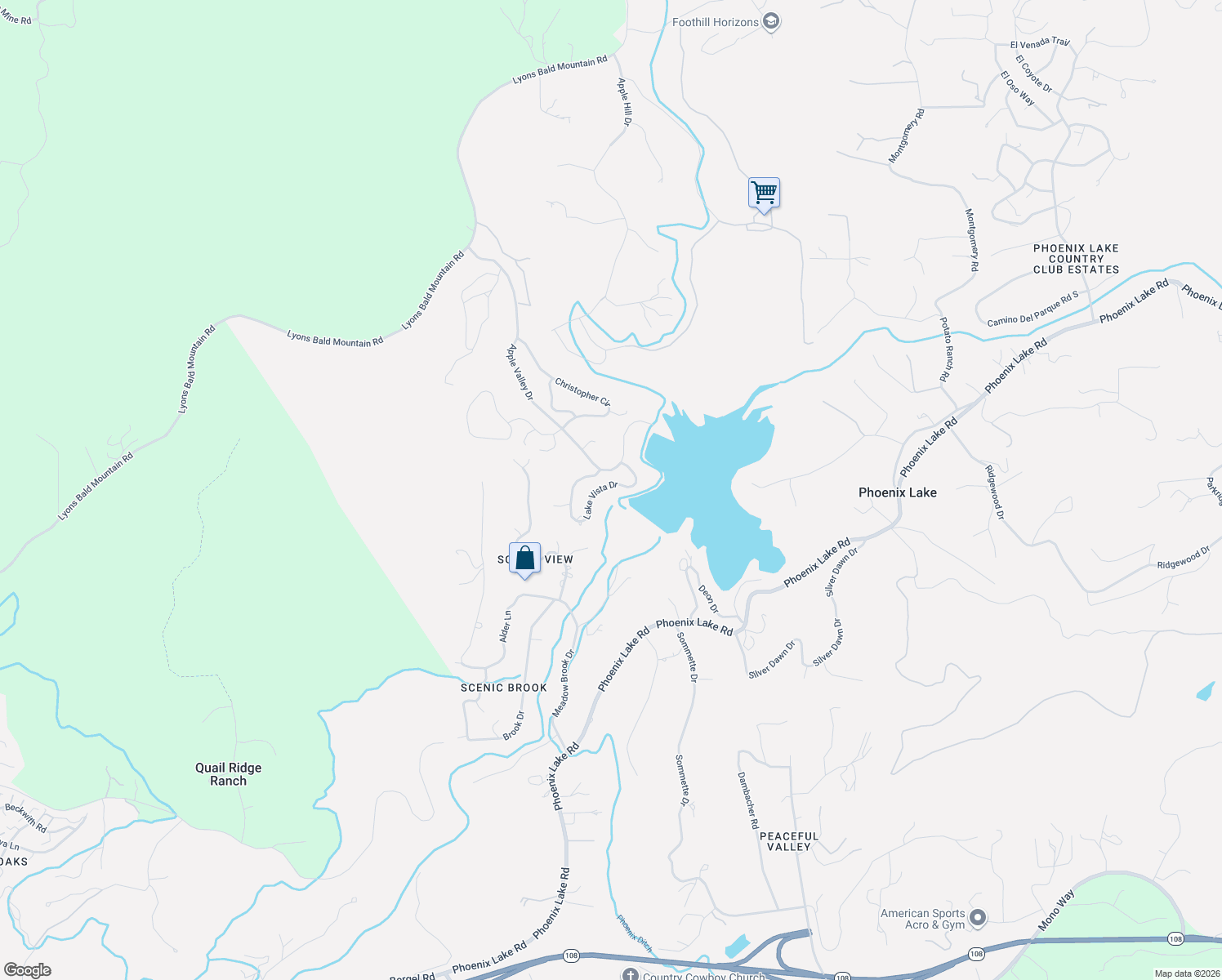 map of restaurants, bars, coffee shops, grocery stores, and more near 14304 Lake Vista Drive in Sonora
