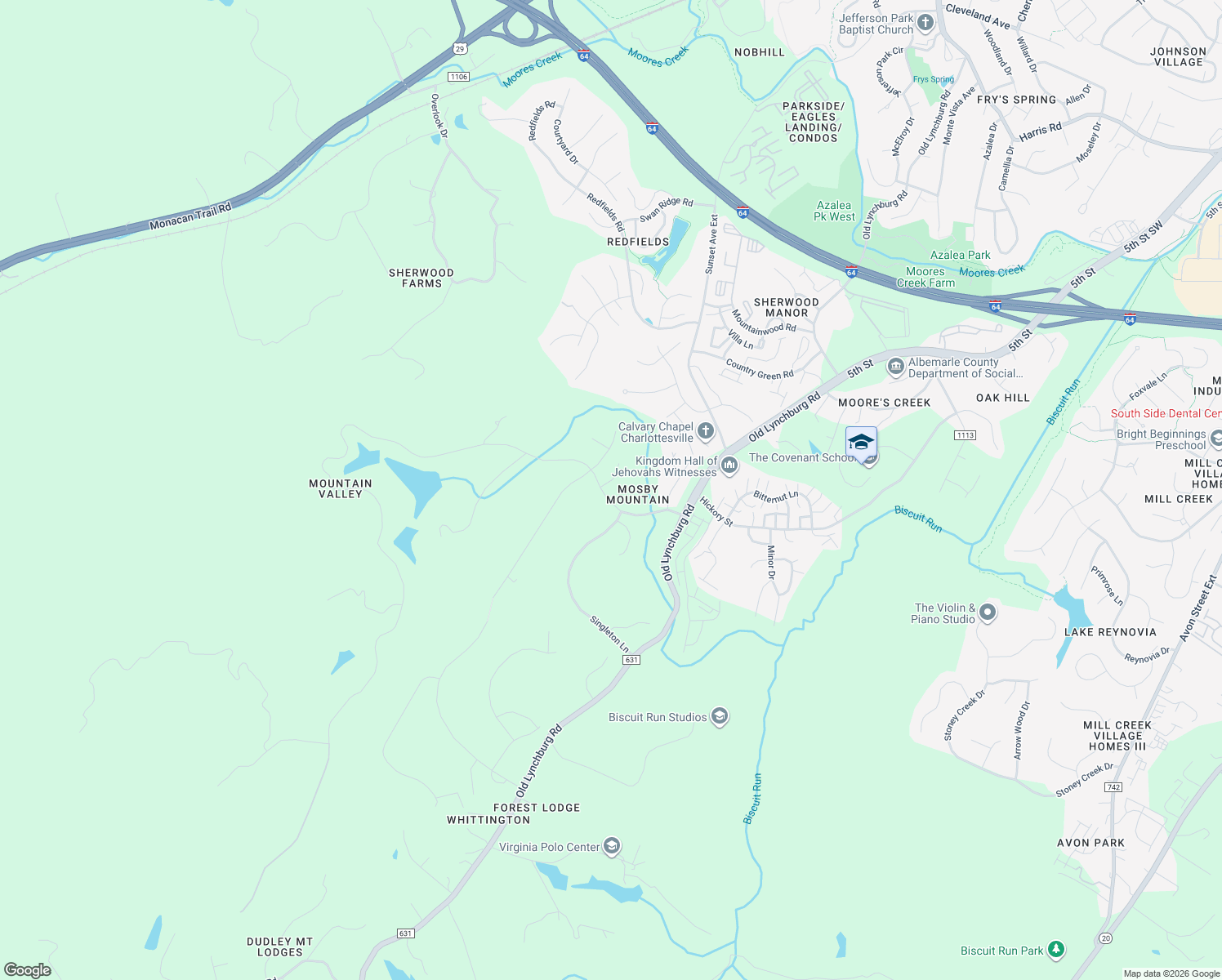 map of restaurants, bars, coffee shops, grocery stores, and more near 1857 Rhett Court in Charlottesville