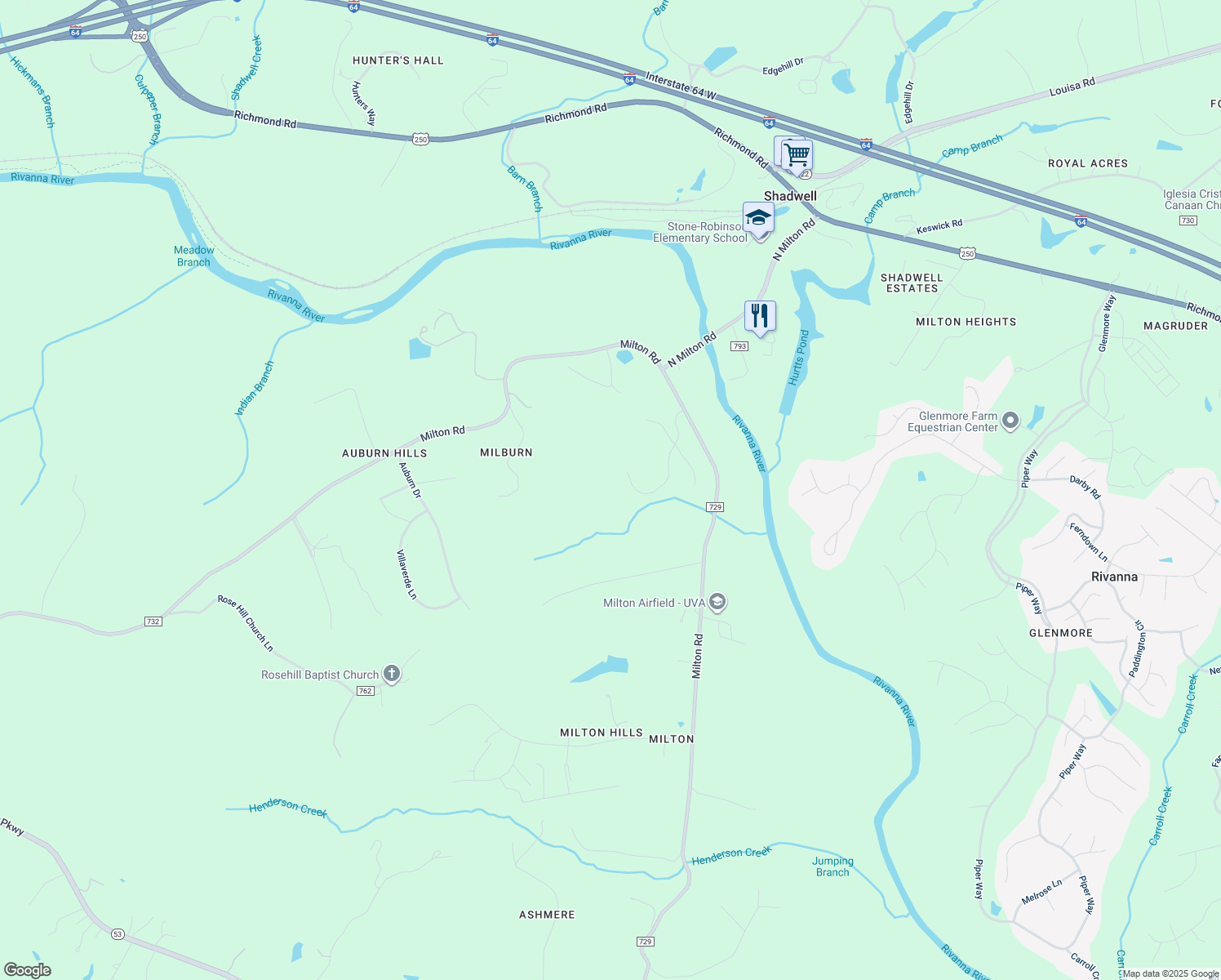 map of restaurants, bars, coffee shops, grocery stores, and more near 3025 Milton Village Lane in Charlottesville
