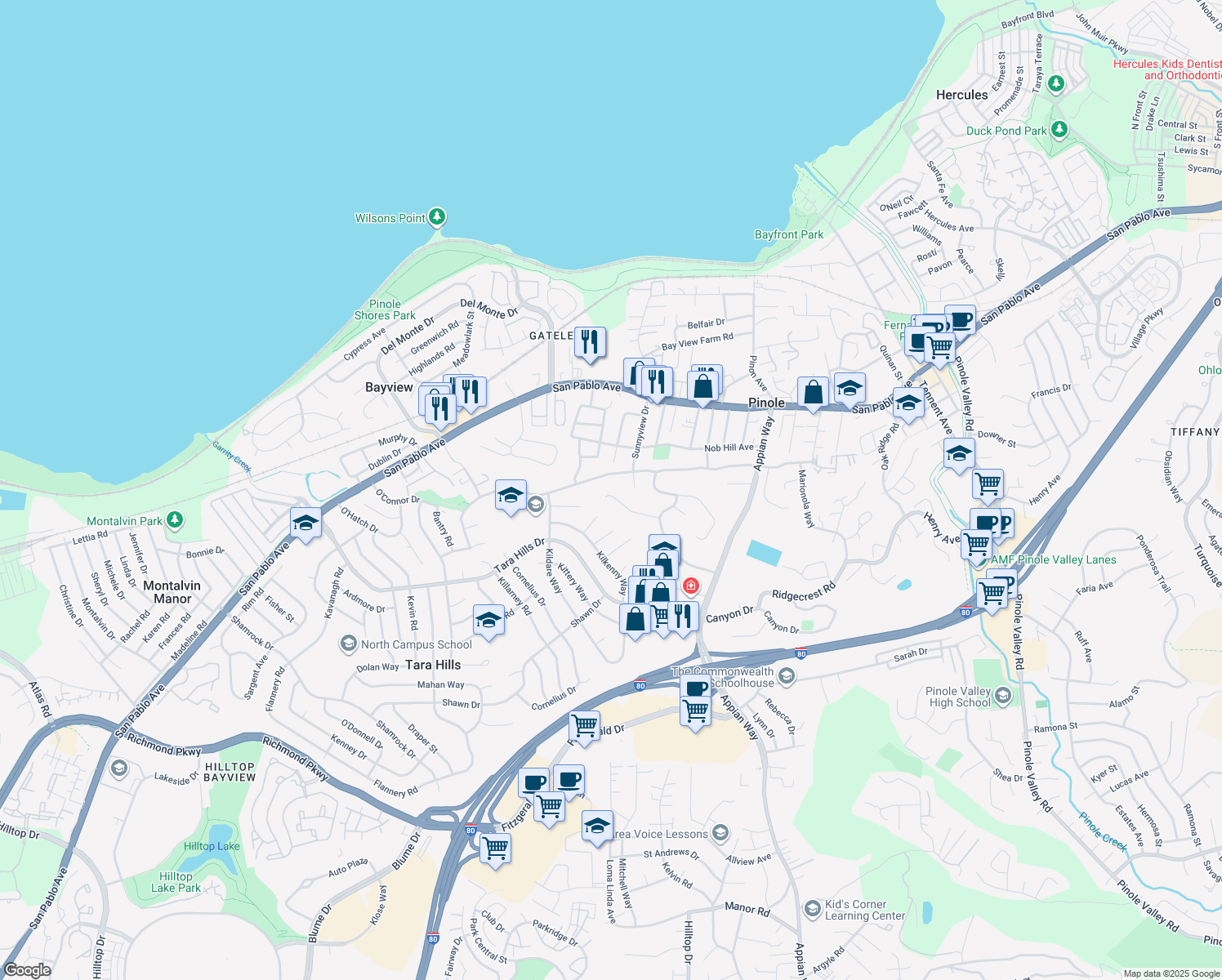 map of restaurants, bars, coffee shops, grocery stores, and more near 1060 Amend St in Pinole