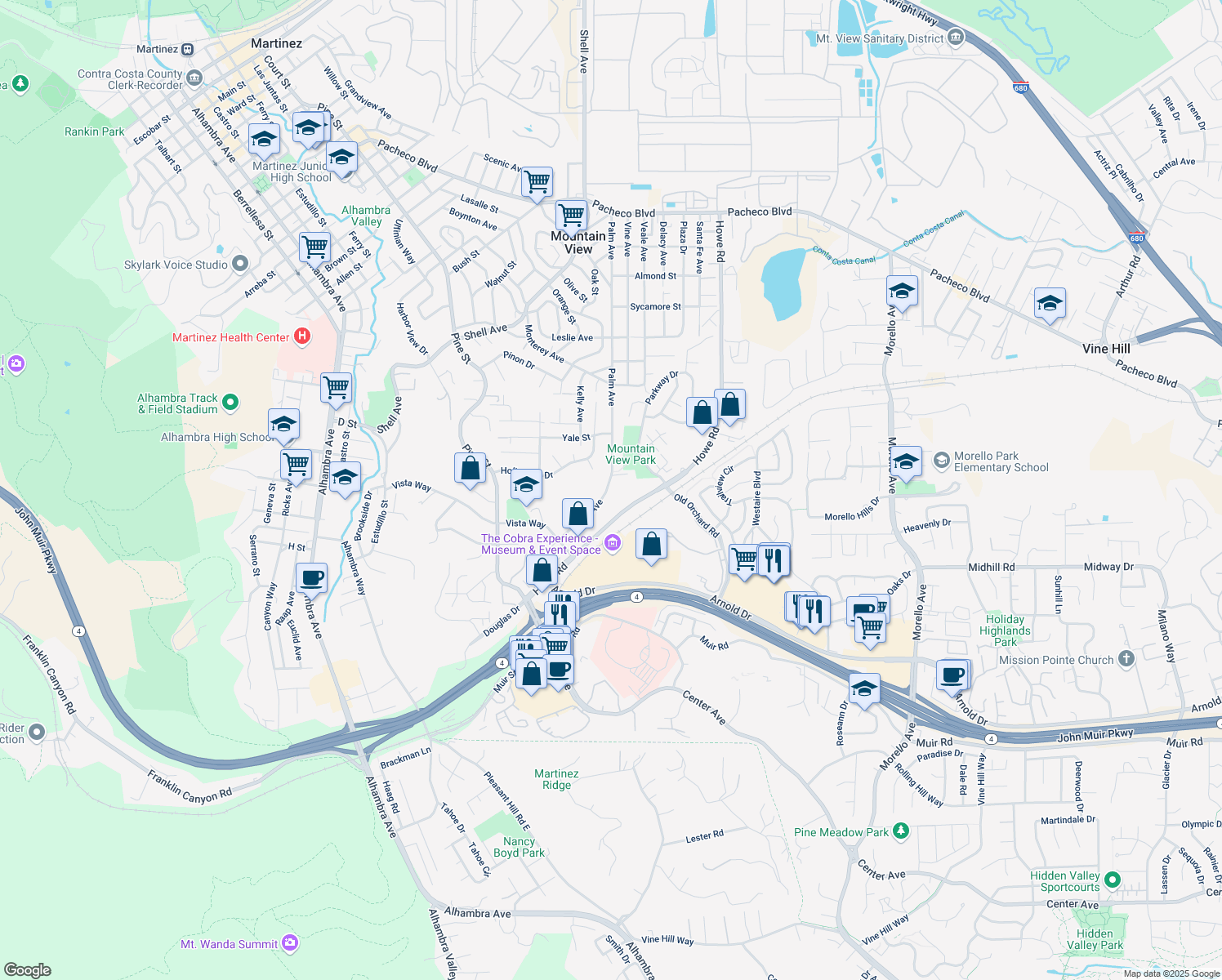 map of restaurants, bars, coffee shops, grocery stores, and more near 564 Palm Avenue in Martinez