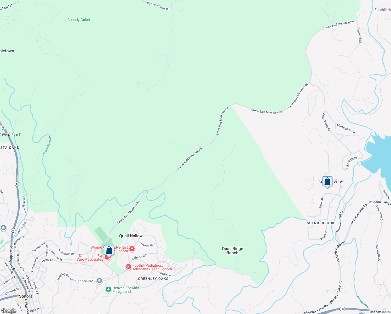 map of restaurants, bars, coffee shops, grocery stores, and more near 20853 Lyons Bald Mountain Road in Sonora