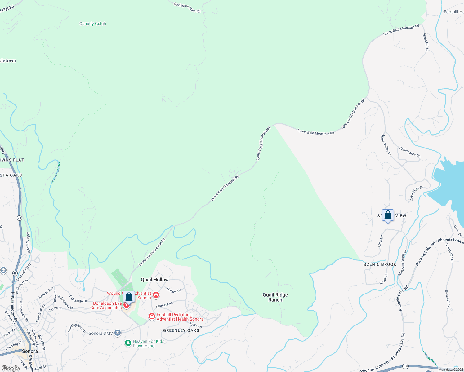 map of restaurants, bars, coffee shops, grocery stores, and more near 20853 Lyons Bald Mountain Road in Sonora