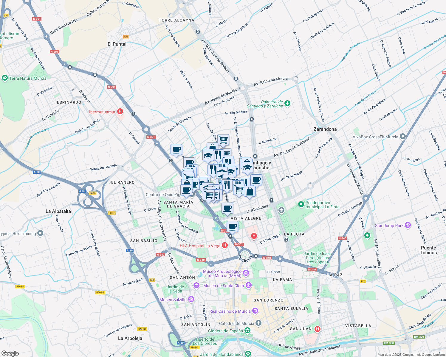 map of restaurants, bars, coffee shops, grocery stores, and more near 32 Calle Azarbe del Papel in Murcia