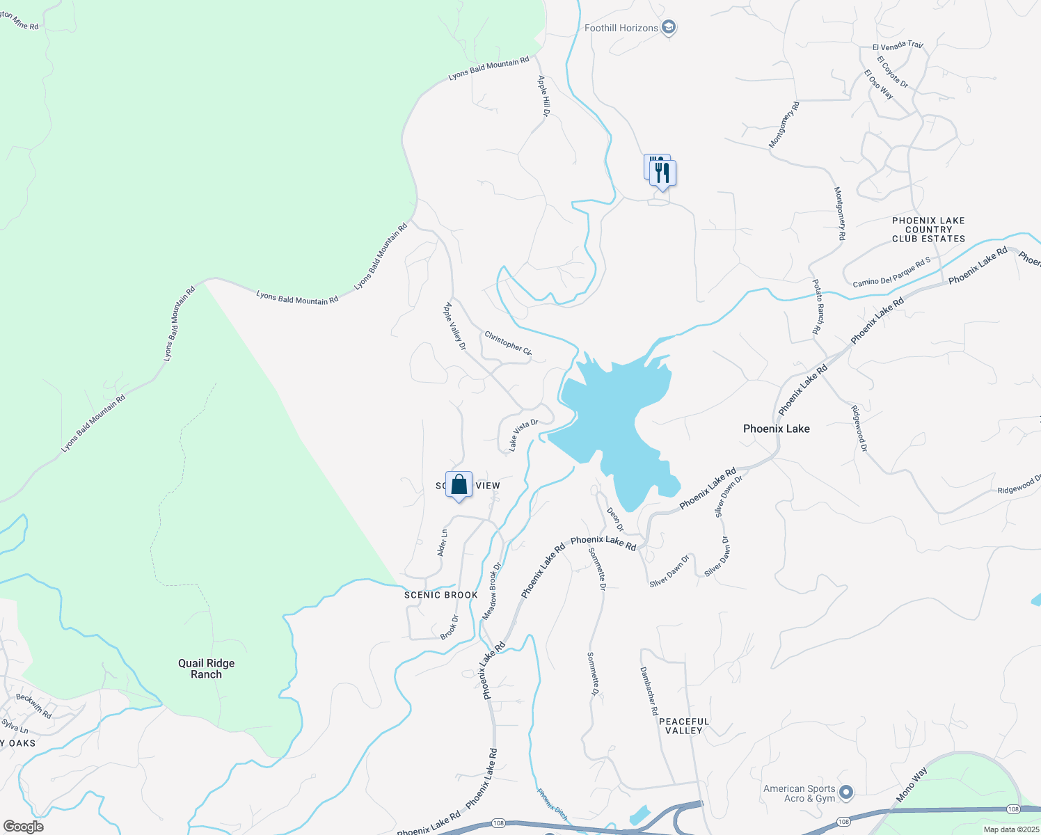 map of restaurants, bars, coffee shops, grocery stores, and more near 14304 Lake Vista Drive in Sonora
