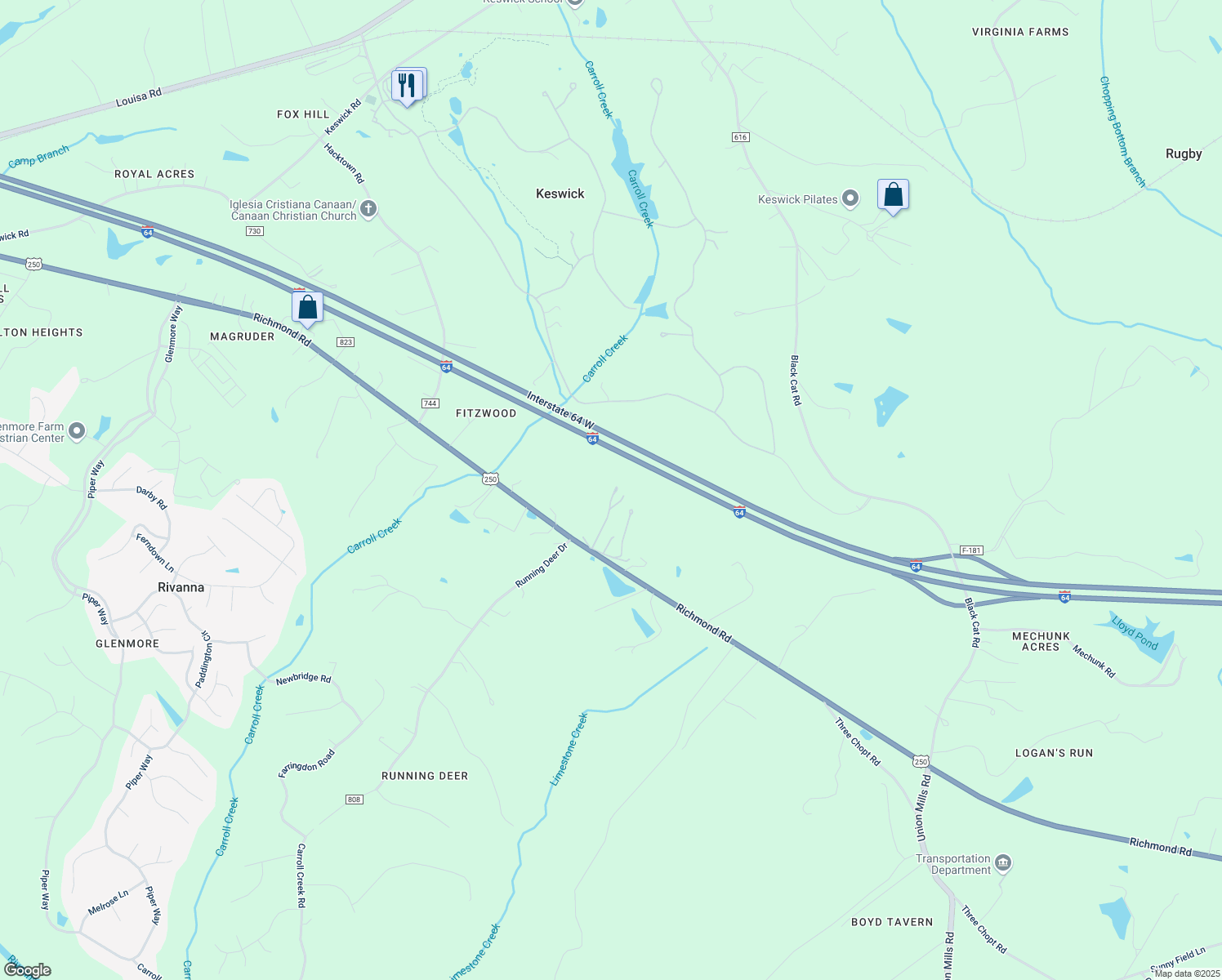 map of restaurants, bars, coffee shops, grocery stores, and more near 1360 Pleasant Valley Lane in Keswick