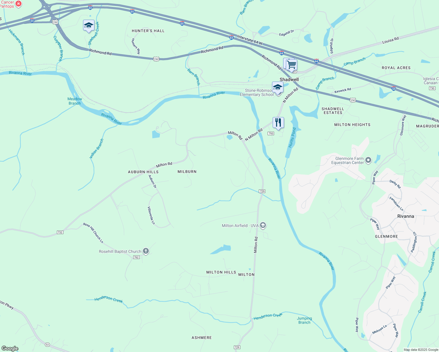 map of restaurants, bars, coffee shops, grocery stores, and more near 3025 Milton Village Lane in Charlottesville