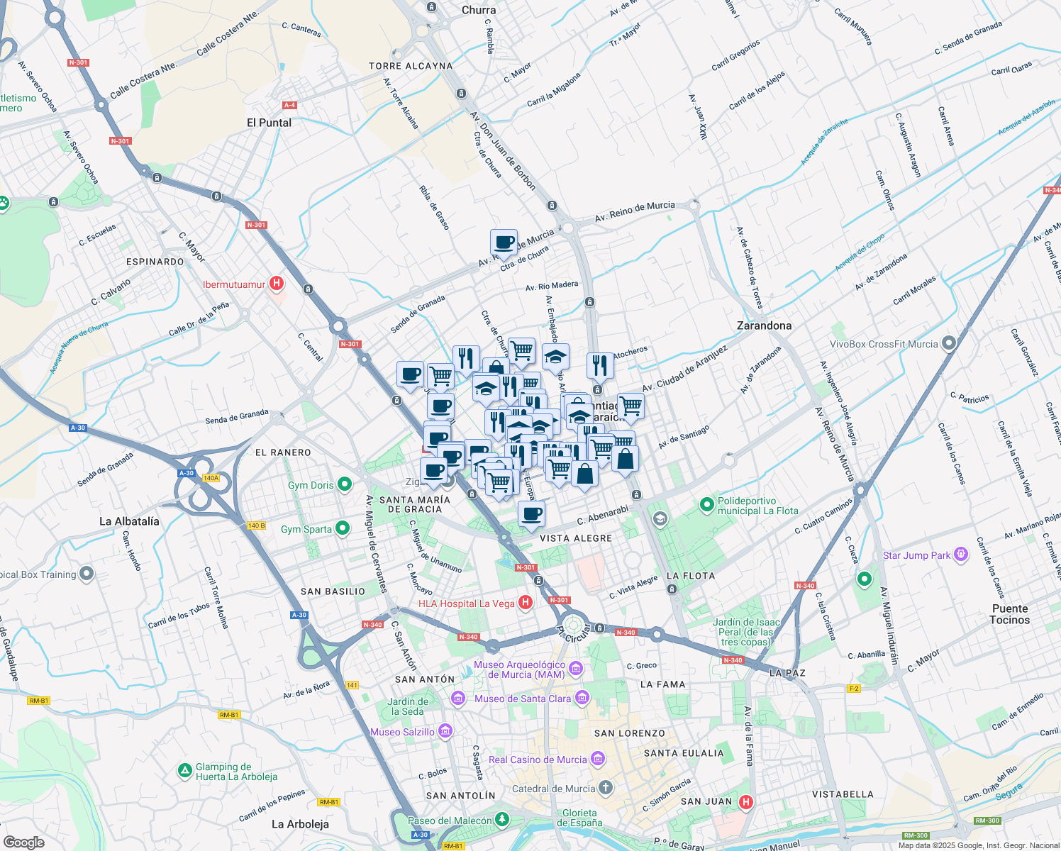 map of restaurants, bars, coffee shops, grocery stores, and more near Avenida Príncipe de Asturias in Murcia