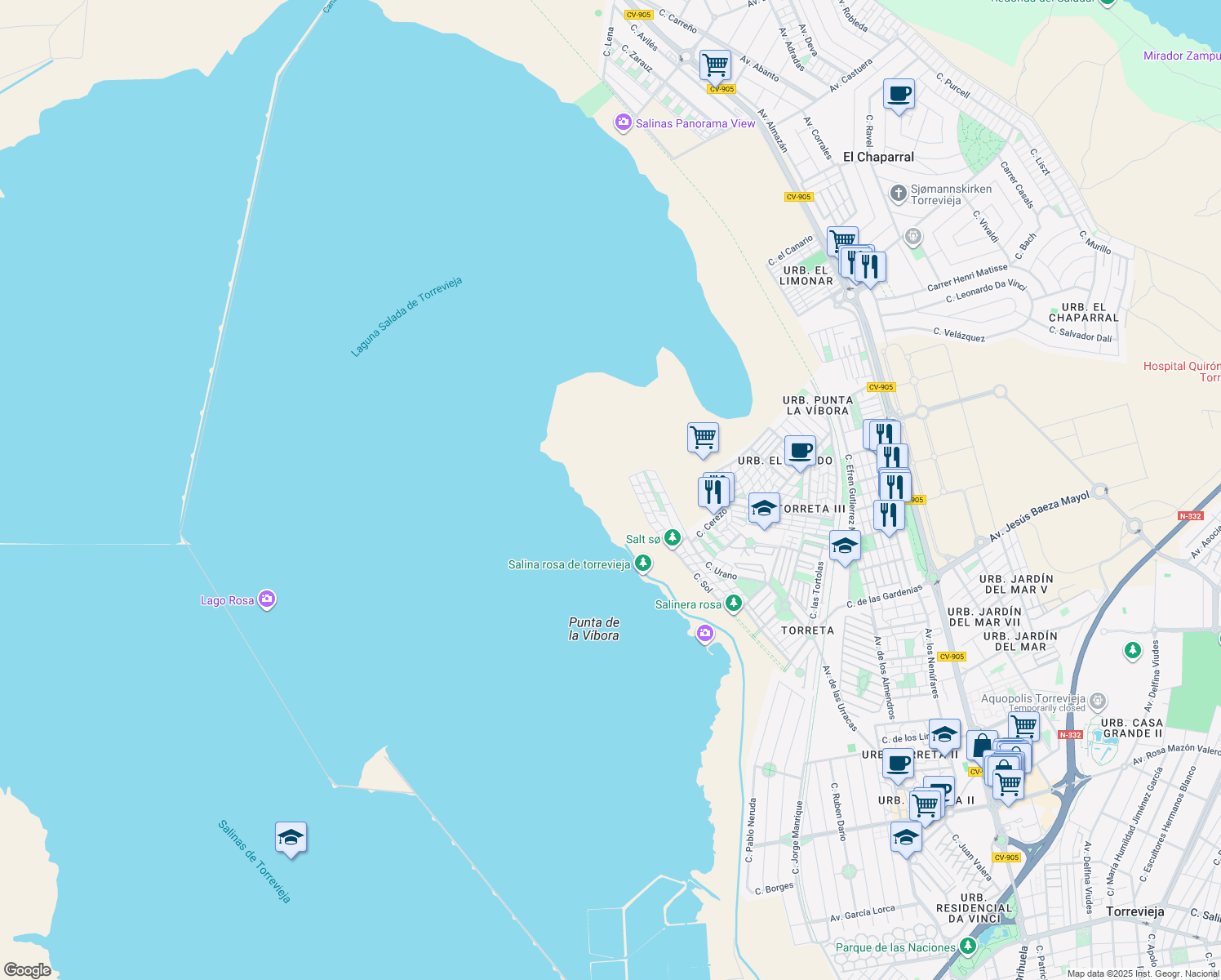 map of restaurants, bars, coffee shops, grocery stores, and more near 288 Calle Sol in Alicante