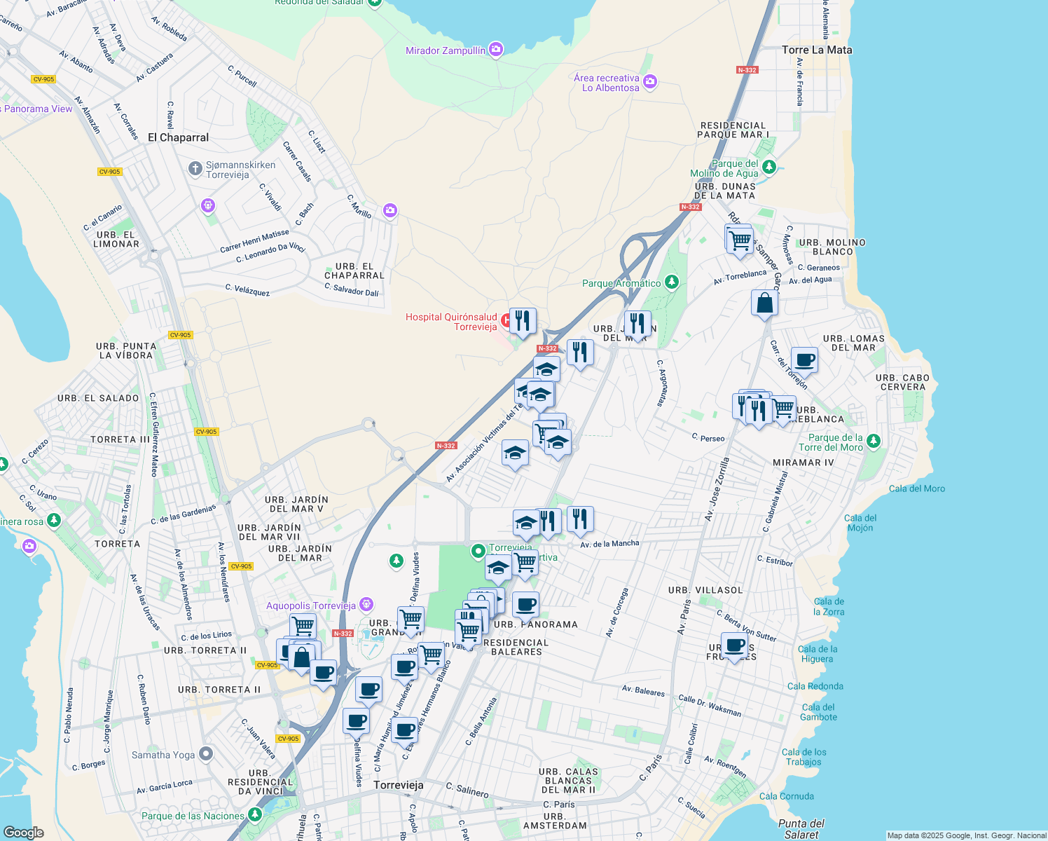 map of restaurants, bars, coffee shops, grocery stores, and more near 29 Calle Gines Saura Sanchez in Torrevieja