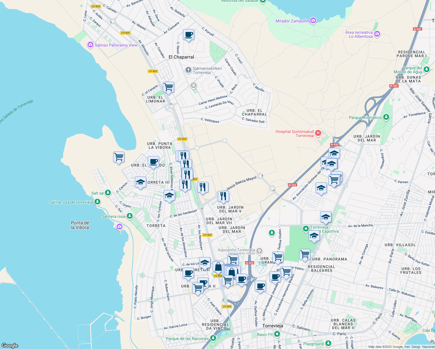 map of restaurants, bars, coffee shops, grocery stores, and more near in Torrevieja