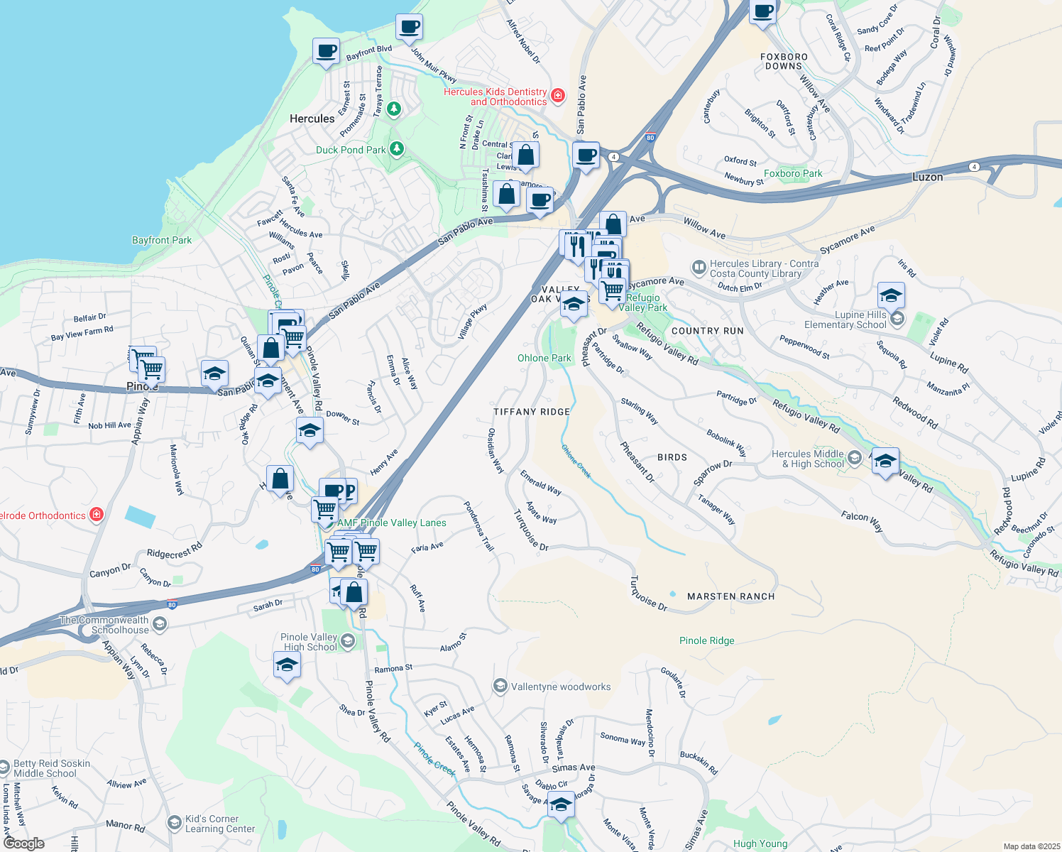 map of restaurants, bars, coffee shops, grocery stores, and more near 411 Turquoise Drive in Hercules