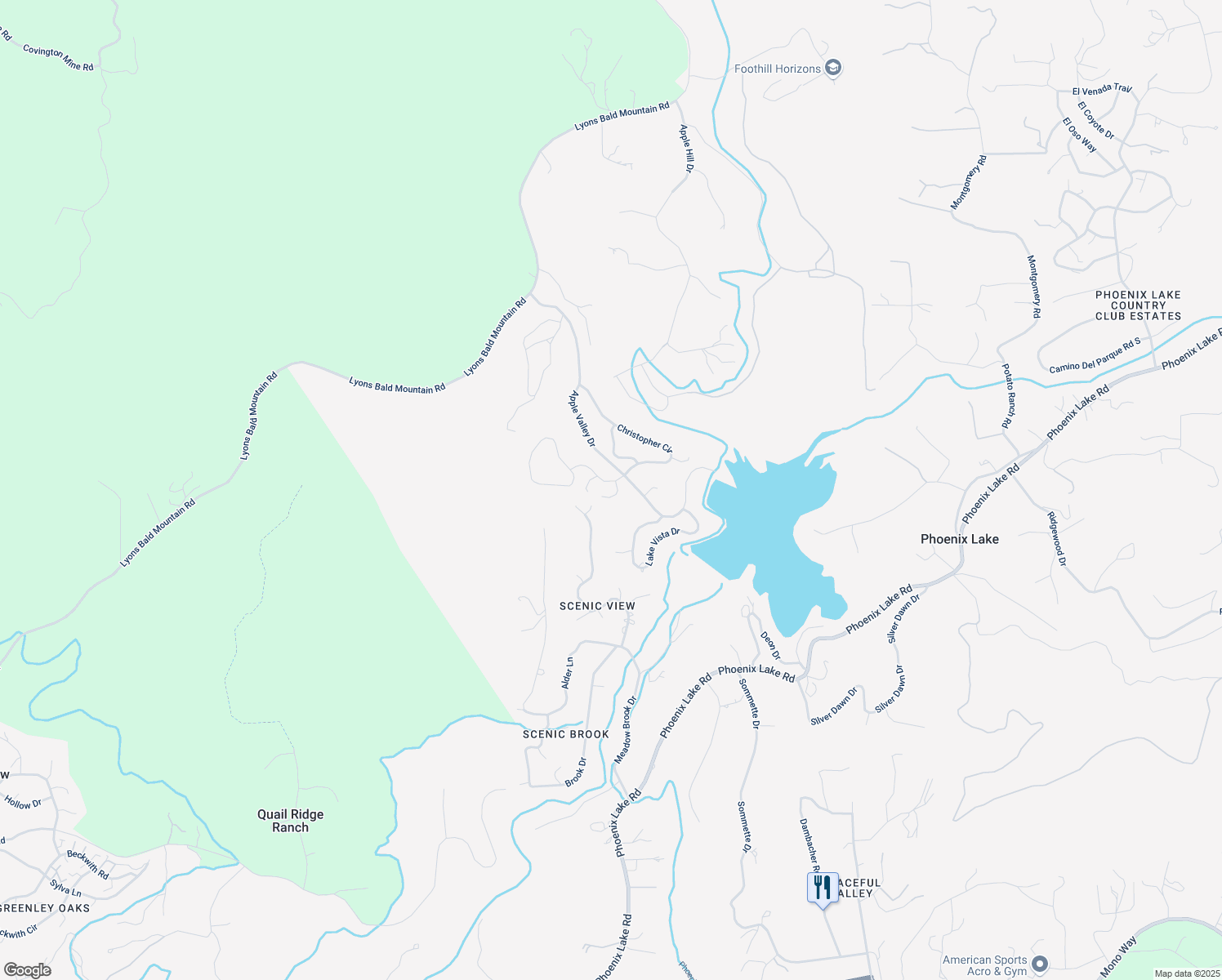 map of restaurants, bars, coffee shops, grocery stores, and more near 20930 O'Brien Court in Sonora